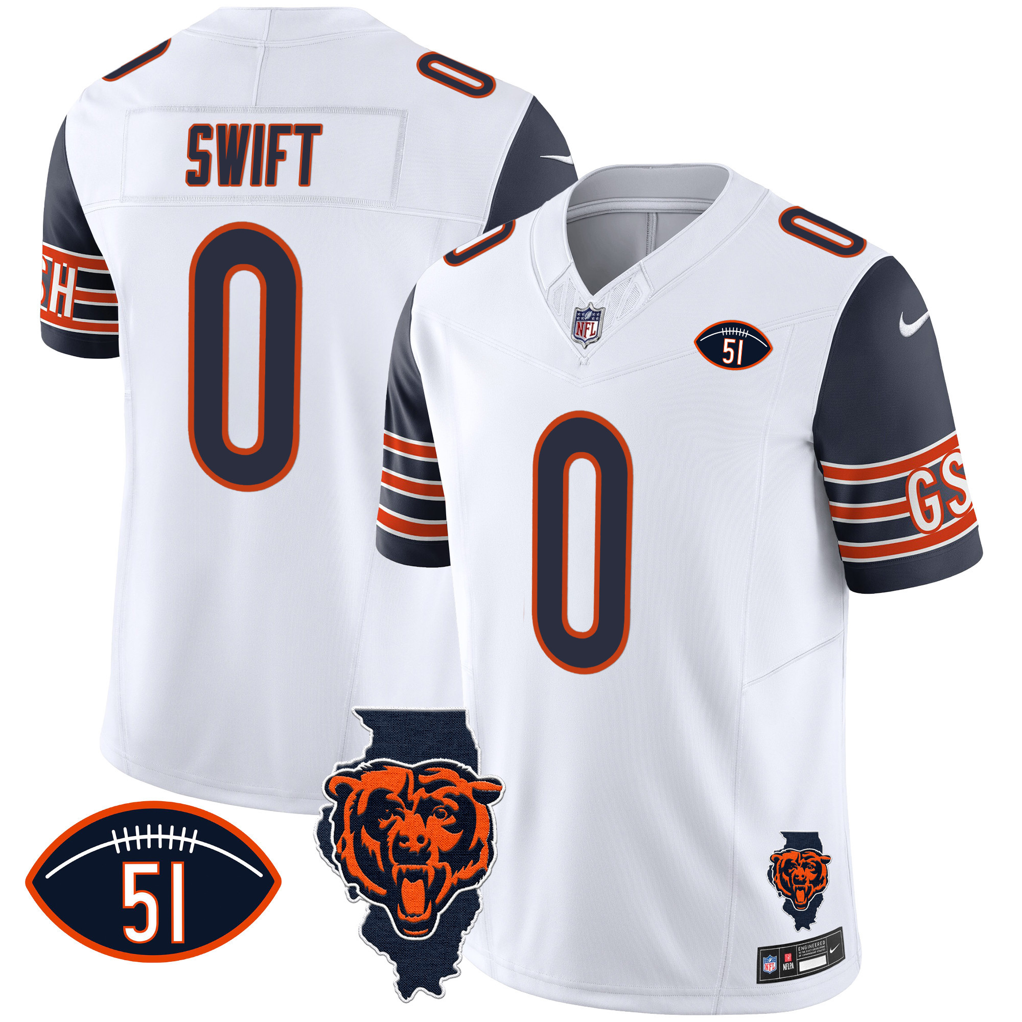D'Andre Swift Men's Chicago Bears Illinois Patch Vapor Navy Sleeves Jersey - All Stitched 