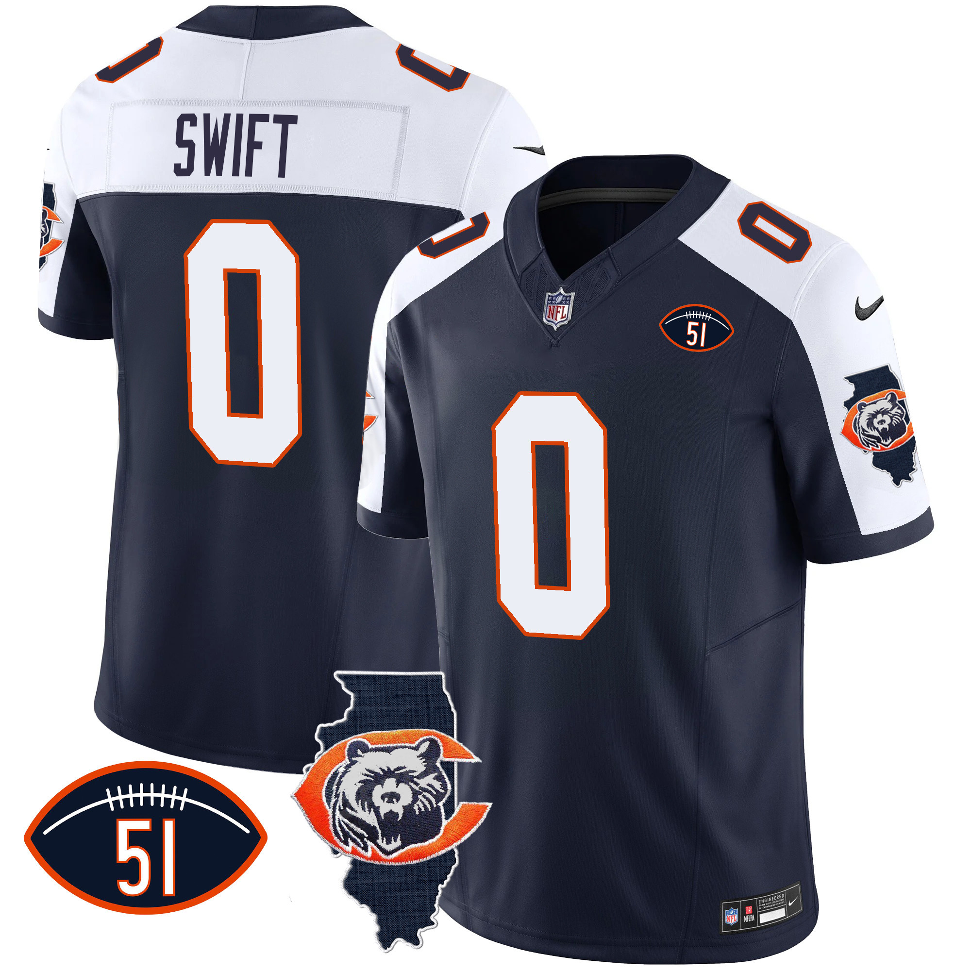 D'Andre Swift Men's Chicago Bears Throwback Illinois Patch Vapor Navy Alternate Jersey - All Stitched 