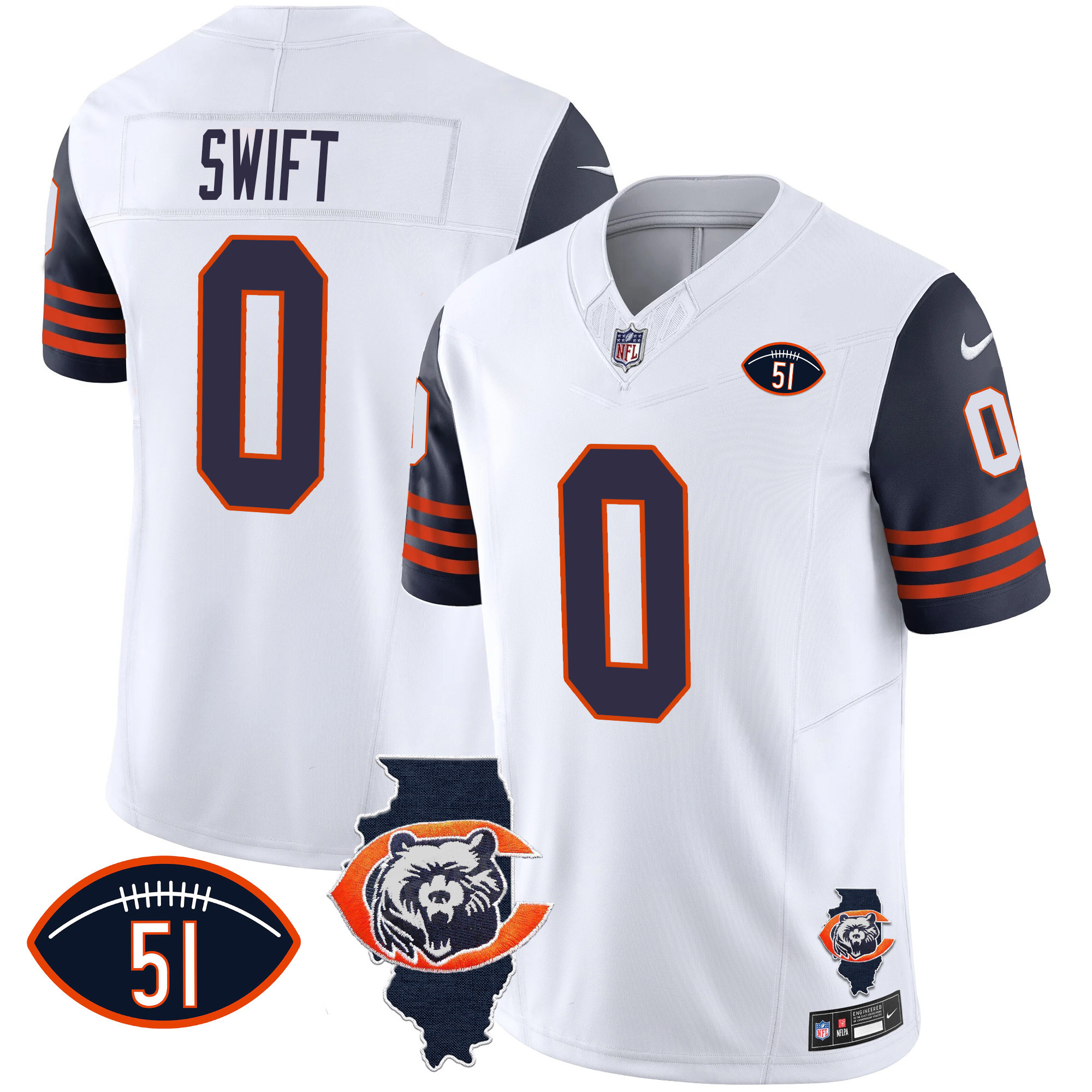 D'Andre Swift Men's Chicago Bears Throwback Illinois Patch Vapor Navy Sleeves Jersey - All Stitched 