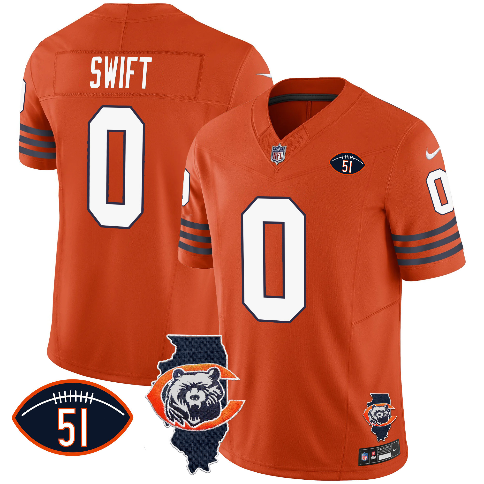 D'Andre Swift Men's Chicago Bears Throwback Illinois Patch Vapor Orange Jersey - All Stitched 