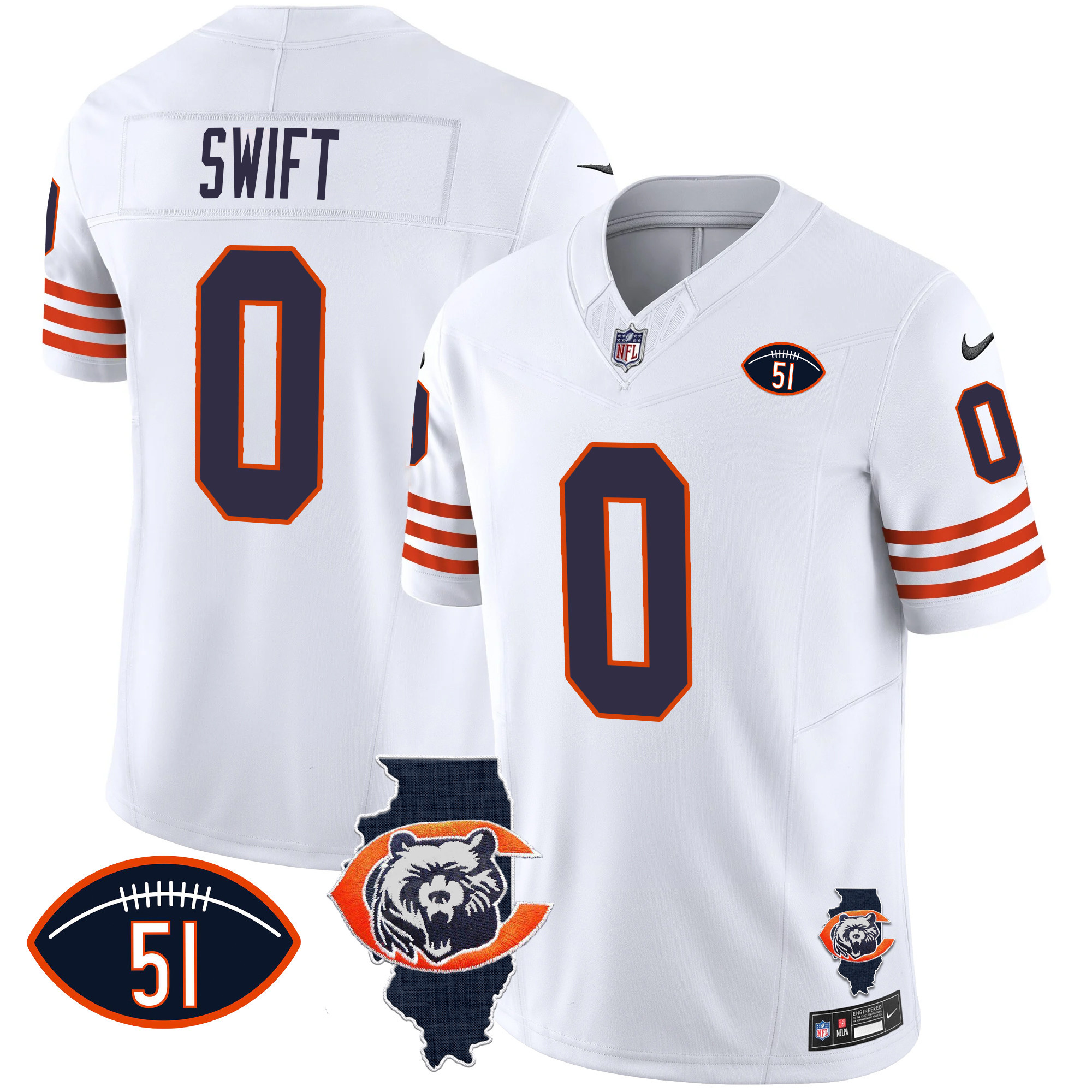 D'Andre Swift Men's Chicago Bears Throwback Illinois Patch Vapor White Jersey - All Stitched 