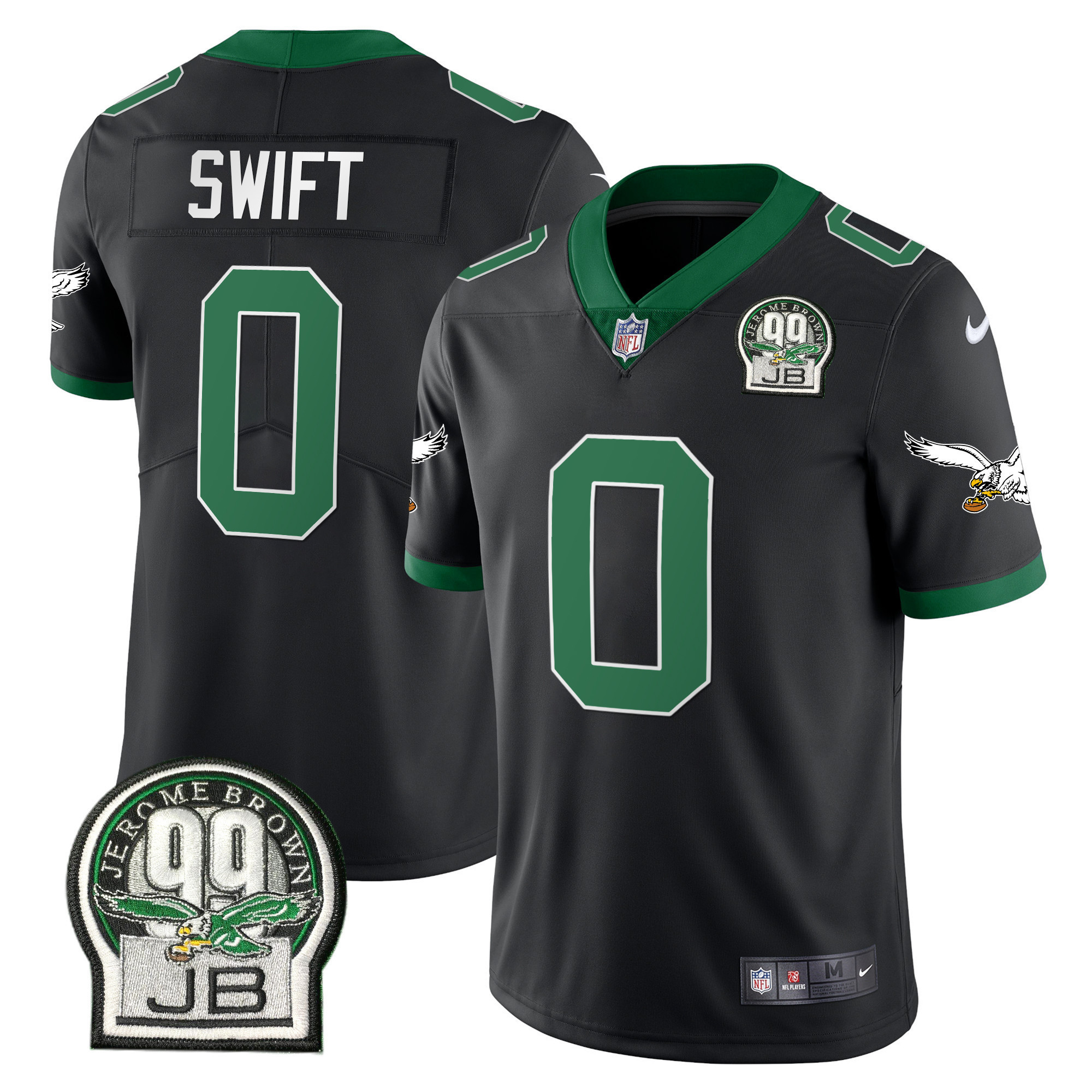 D'Andre Swift Men's Philadelphia Eagles Jerome Brown Retired Patch Gold & Kelly Kelly Black Jersey - All Stitched
