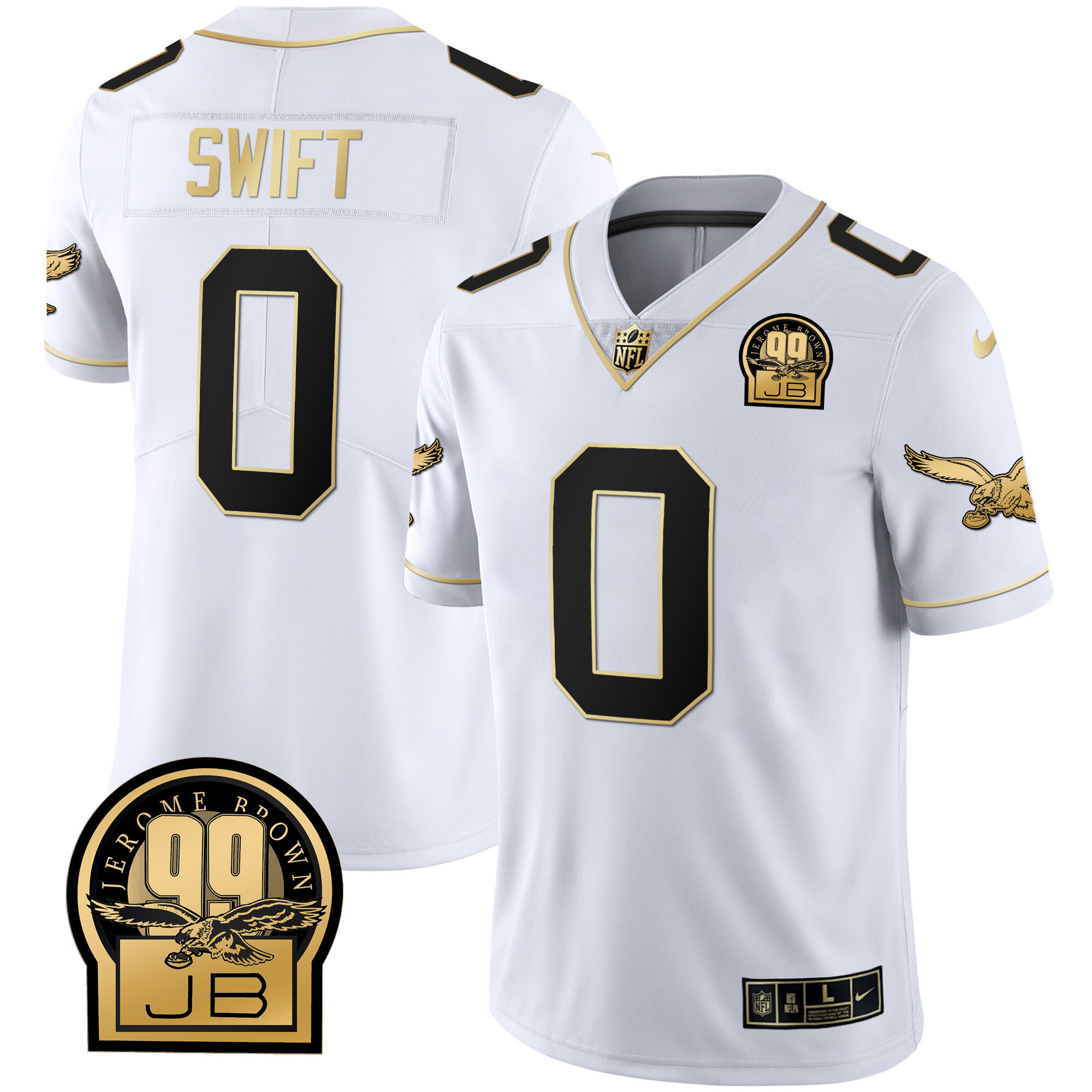 D'Andre Swift Men's Philadelphia Eagles Jerome Brown Retired Patch Gold & Kelly White Gold Jersey - All Stitched