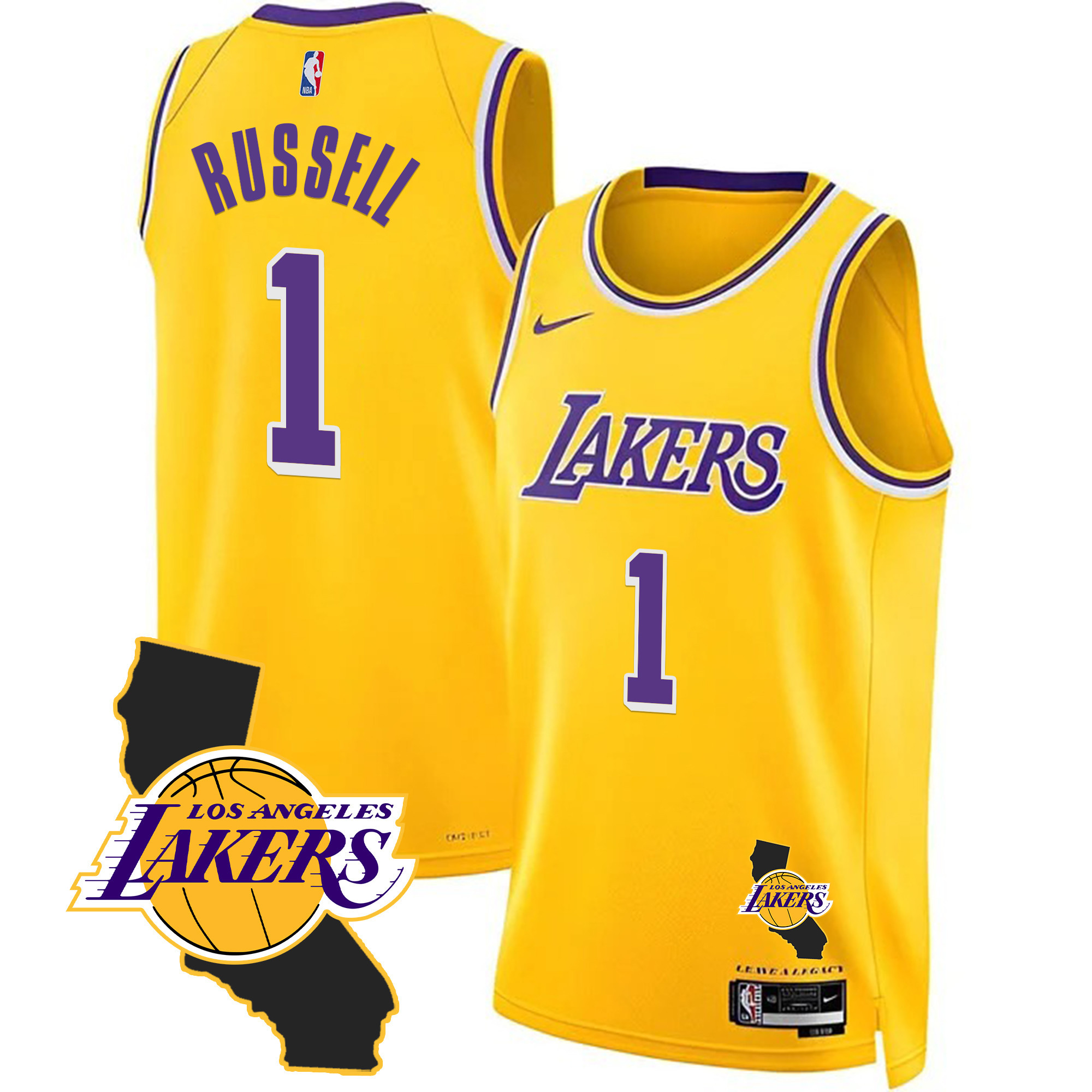 D'Angelo Russell Men's Los Angeles Lakers California Patch Gold Jersey - All Stitched