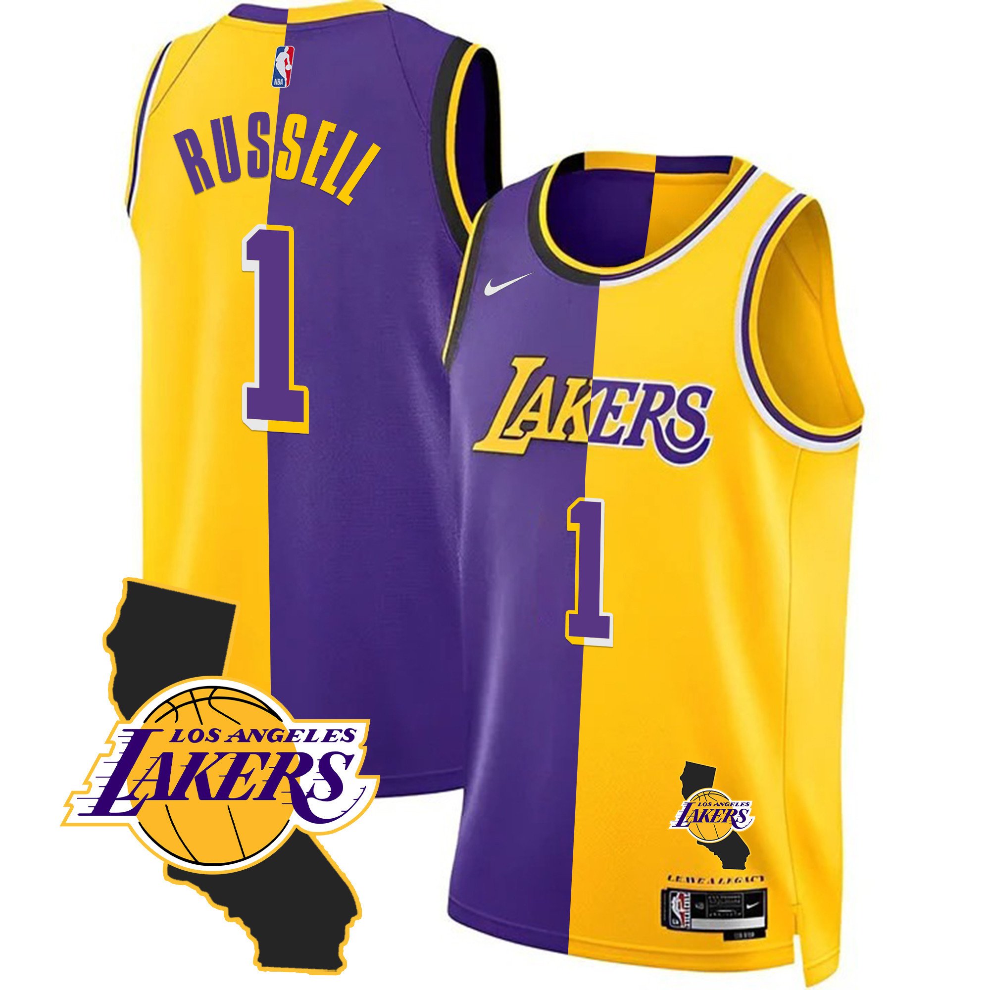 D'Angelo Russell Men's Los Angeles Lakers California Patch Split Jersey - All Stitched