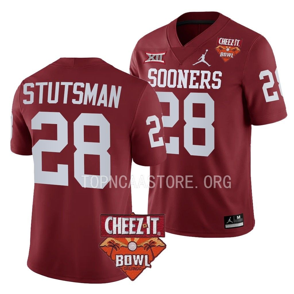 Danny Stutsman Oklahoma Sooners 2022 Cheez-It Bowl #28 Jersey Men's Crimson College Uniform