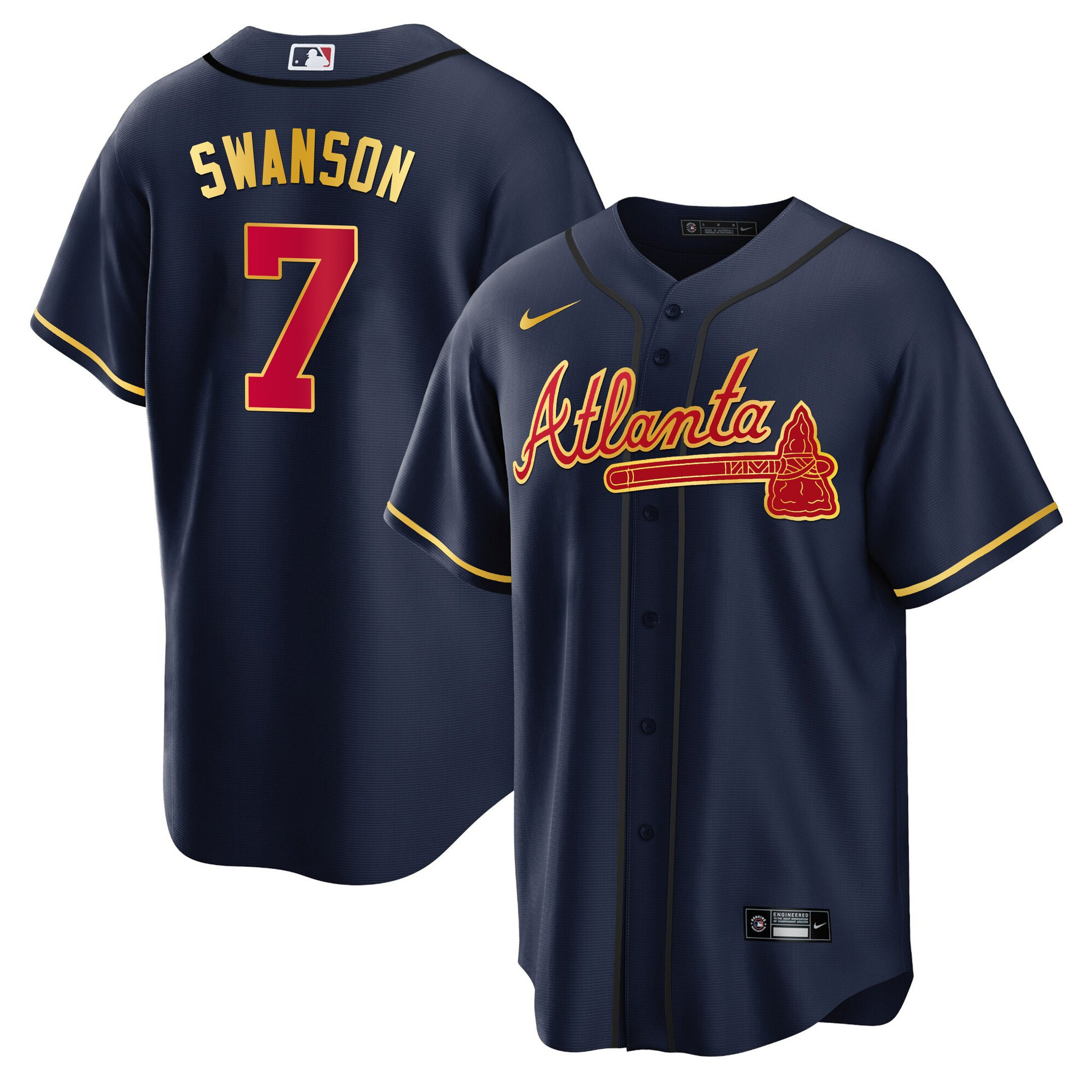 Dansby Swanson Men's Atlanta Braves Gold Trim Cool Navy Jersey - All Stitched