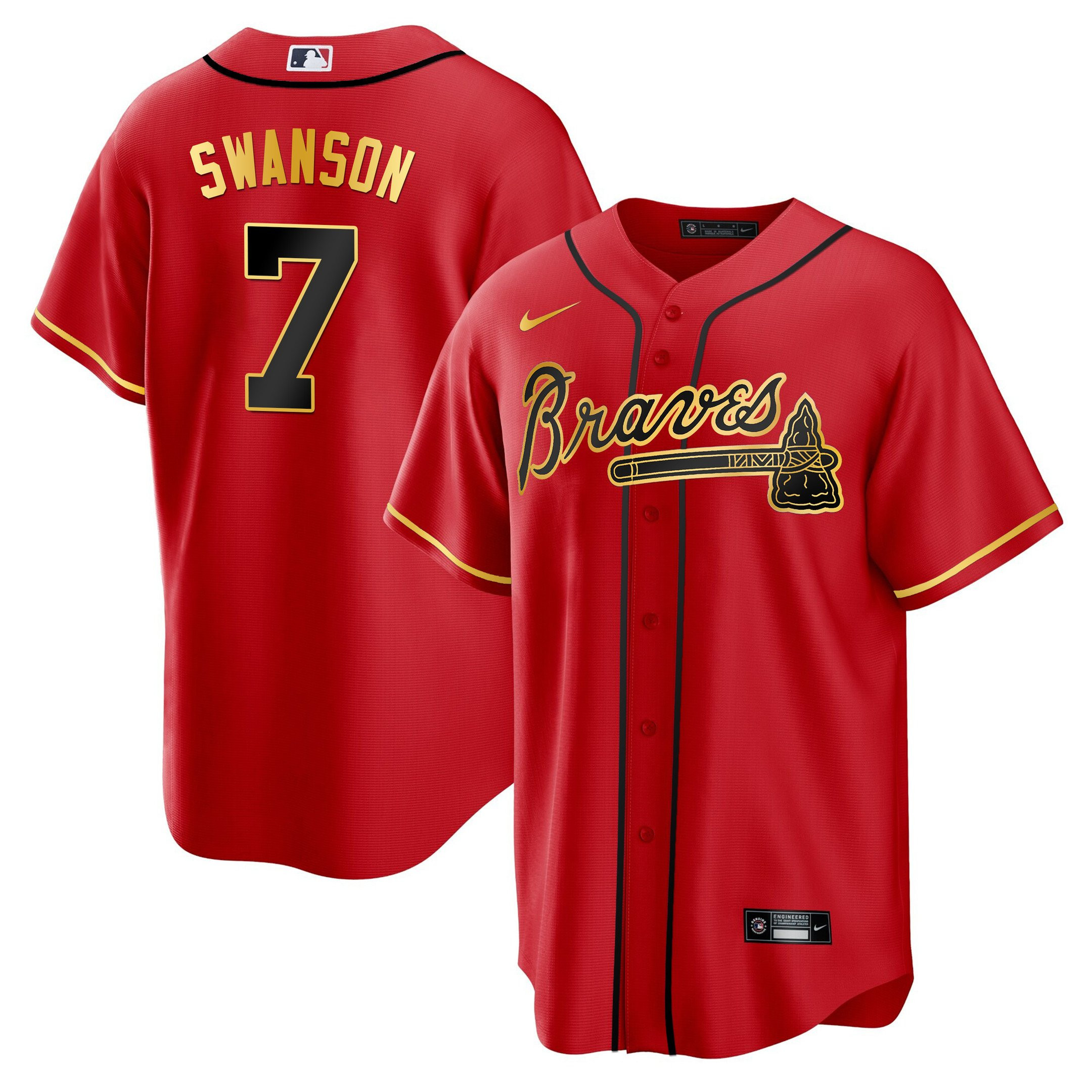Dansby Swanson Men's Atlanta Braves Gold Trim Cool Red Jersey - All Stitched