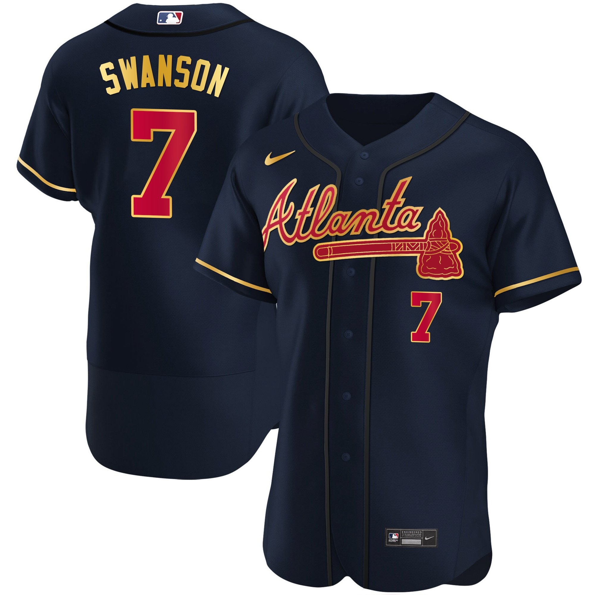 Dansby Swanson Men's Atlanta Braves Gold Trim Flex Navy Jersey - All Stitched
