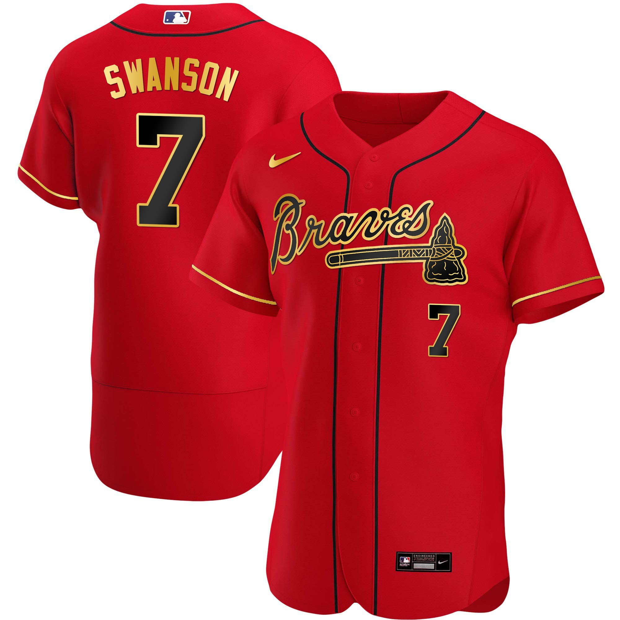 Dansby Swanson Men's Atlanta Braves Gold Trim Flex Red Jersey - All Stitched