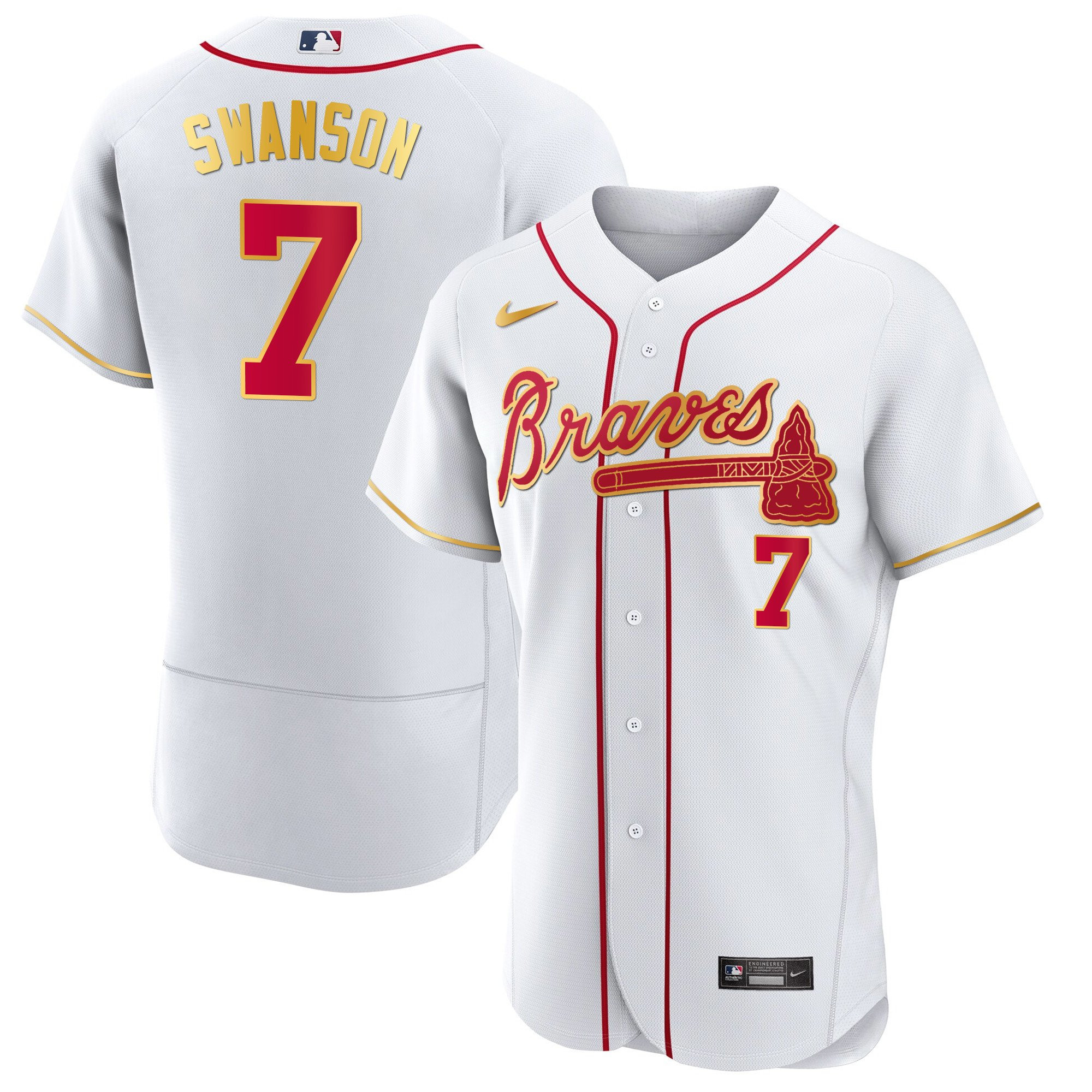 Dansby Swanson Men's Atlanta Braves Gold Trim Flex White Jersey - All Stitched