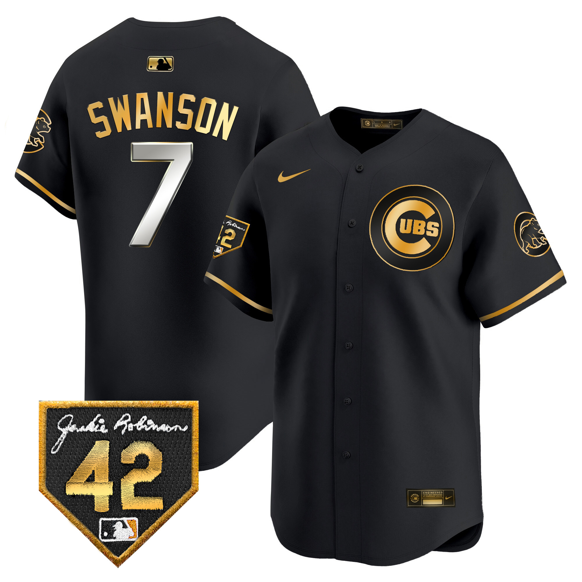 Dansby Swanson Men's Chicago Cubs 2024 Jackie Robinson Patch Vapor Premier Limited V2 Black Gold Jersey - All Stitched