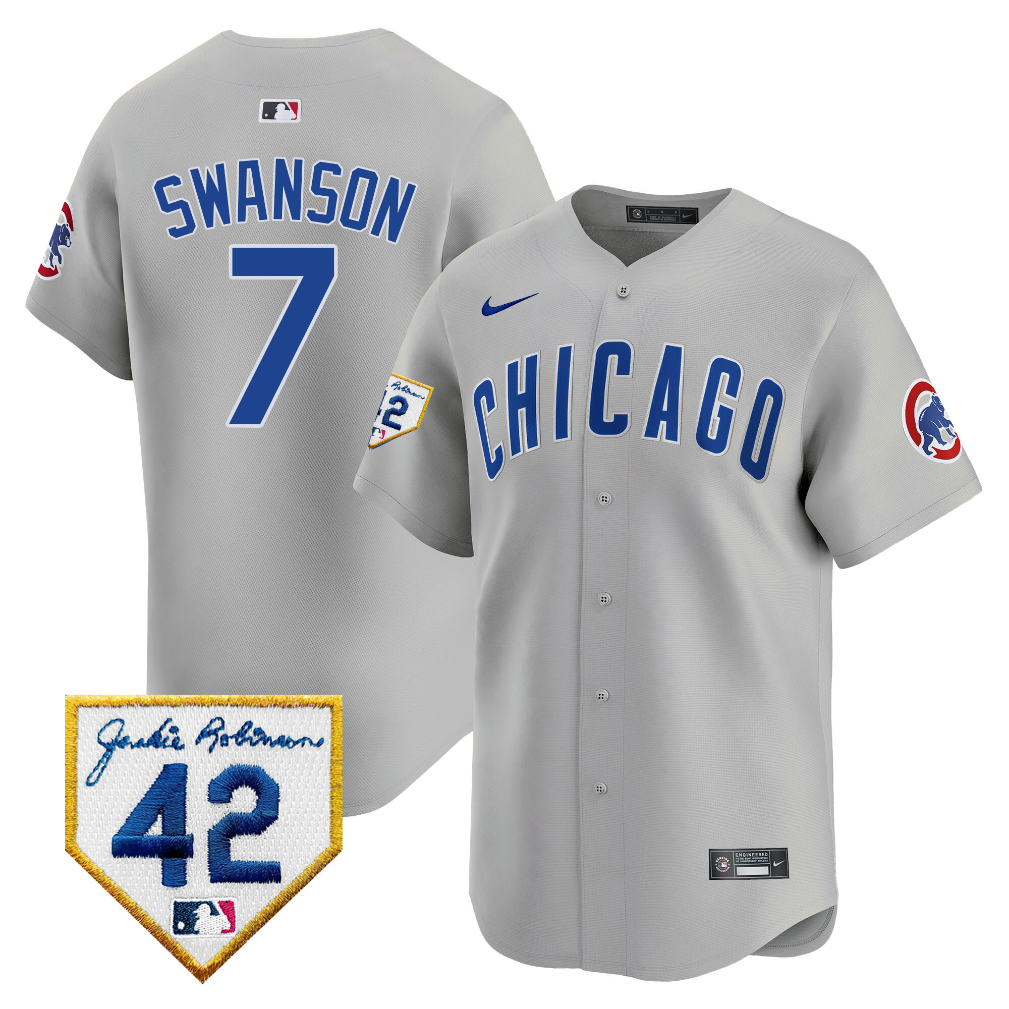 Dansby Swanson Men's Chicago Cubs 2024 Jackie Robinson Patch Vapor Premier Limited V2 Gray Road Jersey - All Stitched