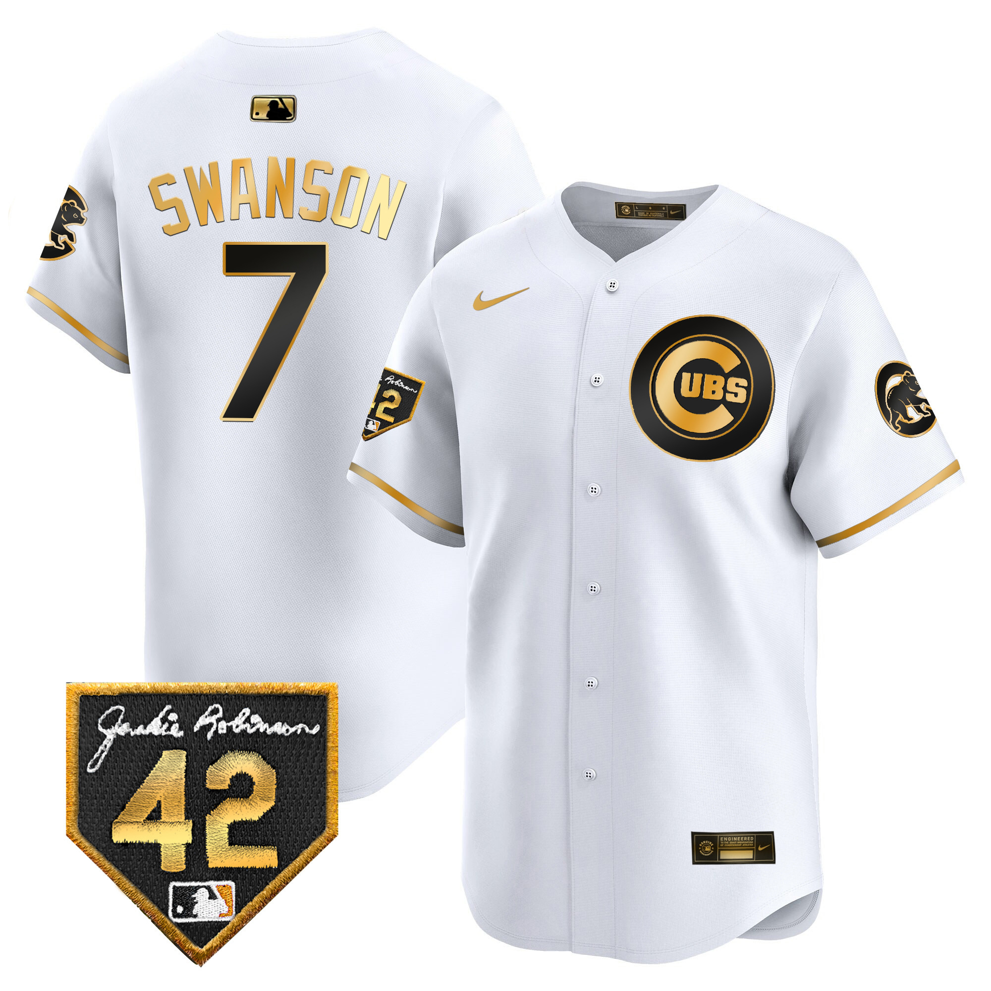 Dansby Swanson Men's Chicago Cubs 2024 Jackie Robinson Patch Vapor Premier Limited V2 White Gold Jersey - All Stitched