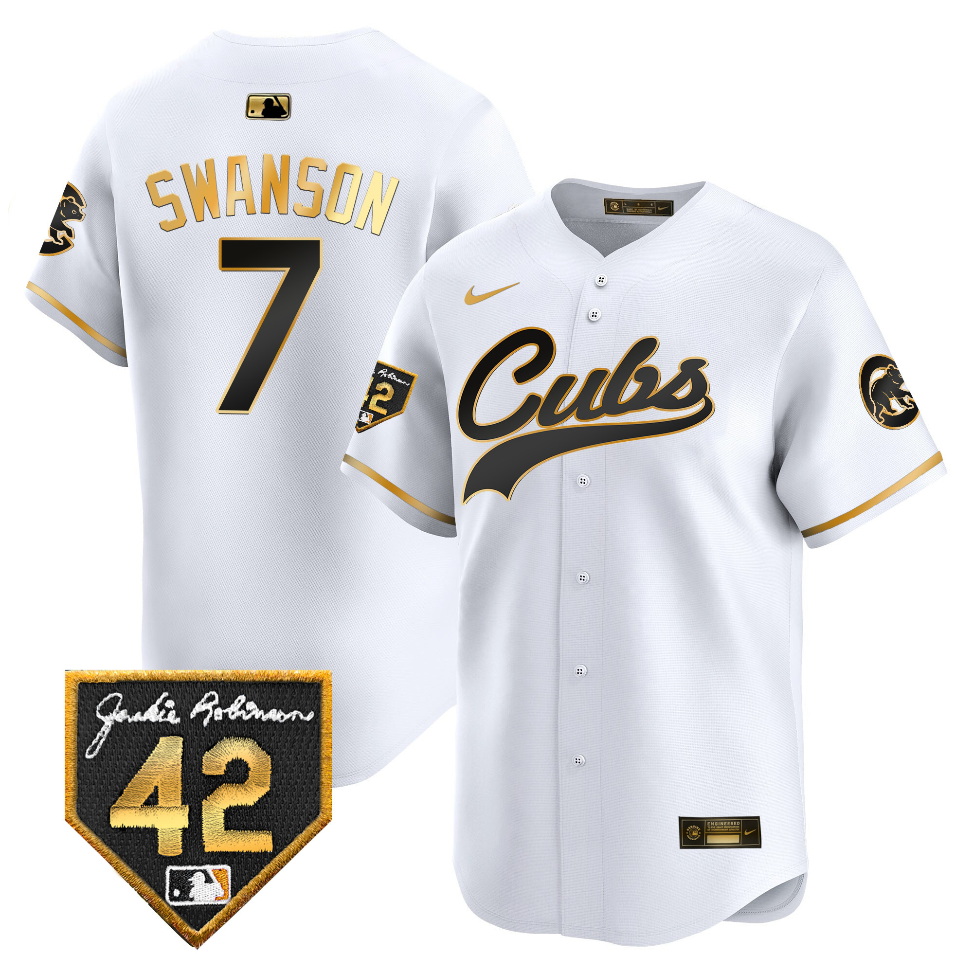 Dansby Swanson Men's Chicago Cubs 2024 Jackie Robinson Patch Vapor Premier Limited White Gold Jersey - All Stitched