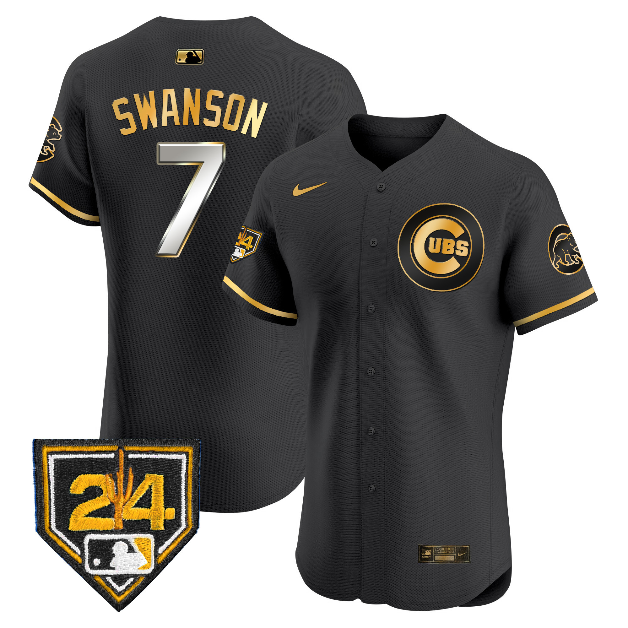 Dansby Swanson Men's Chicago Cubs 2024 Spring Training Patch Vapor Premier Elite V2 Black Gold Jersey - All Stitched