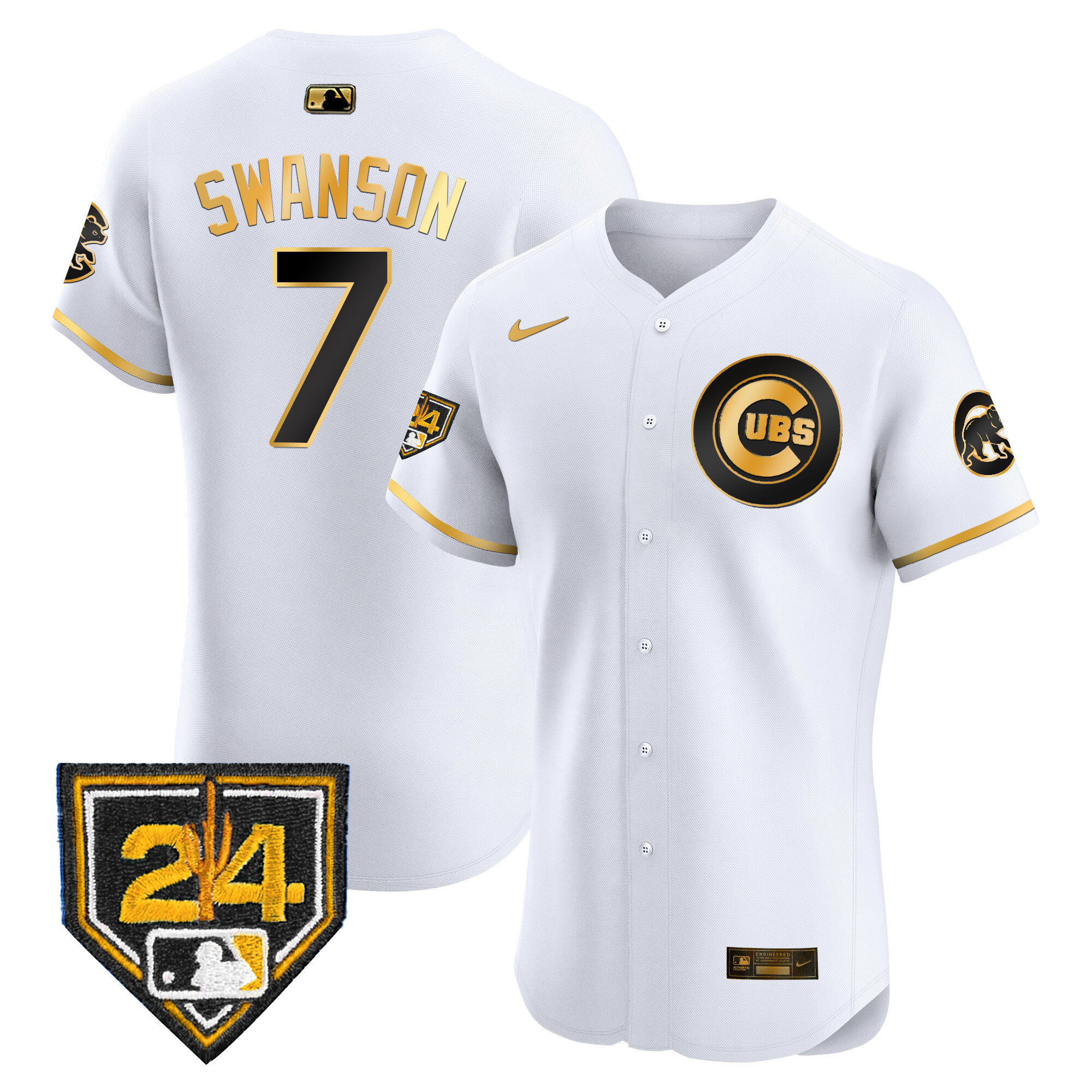 Dansby Swanson Men's Chicago Cubs 2024 Spring Training Patch Vapor Premier Elite V2 White Gold Jersey - All Stitched