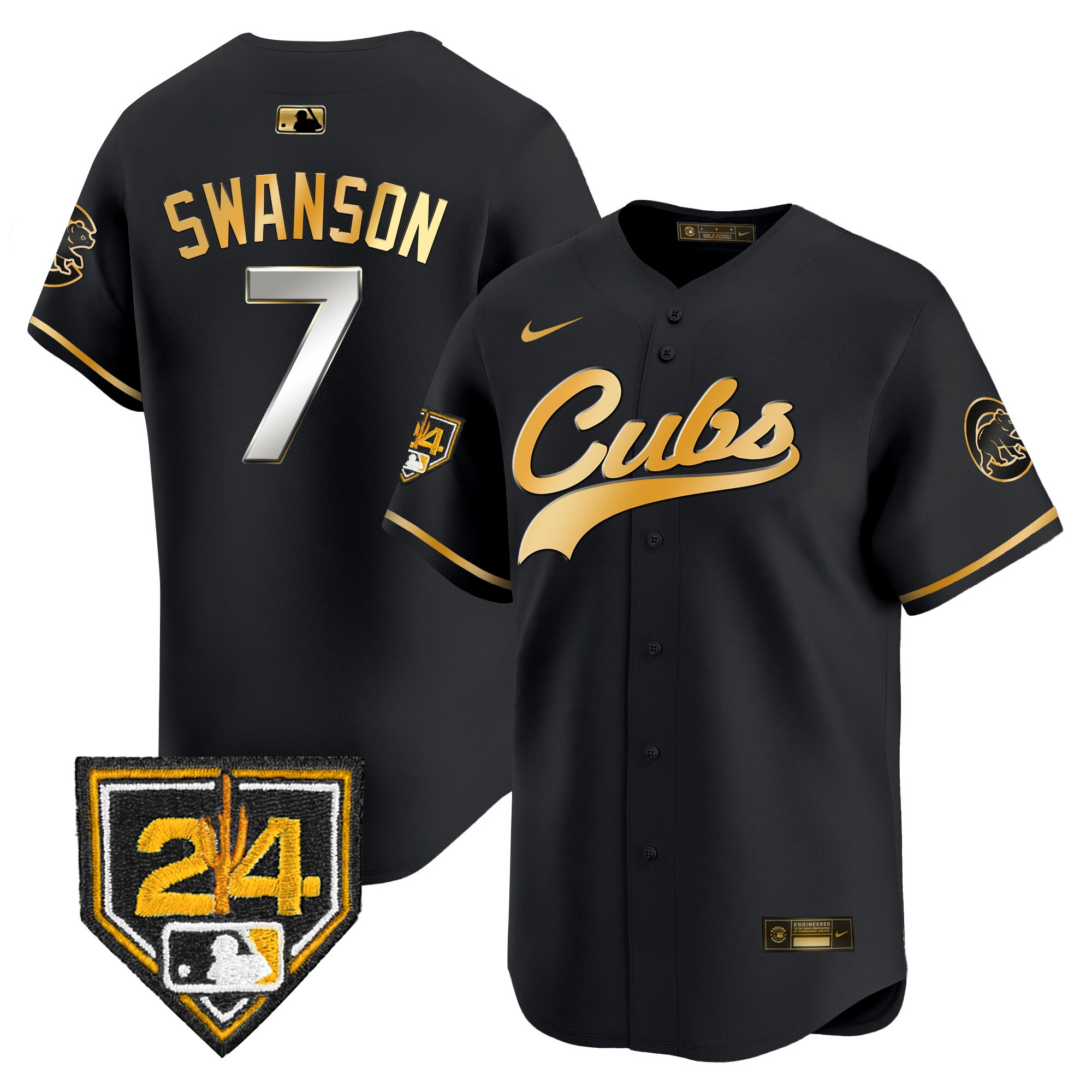 Dansby Swanson Men's Chicago Cubs 2024 Spring Training Patch Vapor Premier Limited Black Gold Jersey - All Stitched