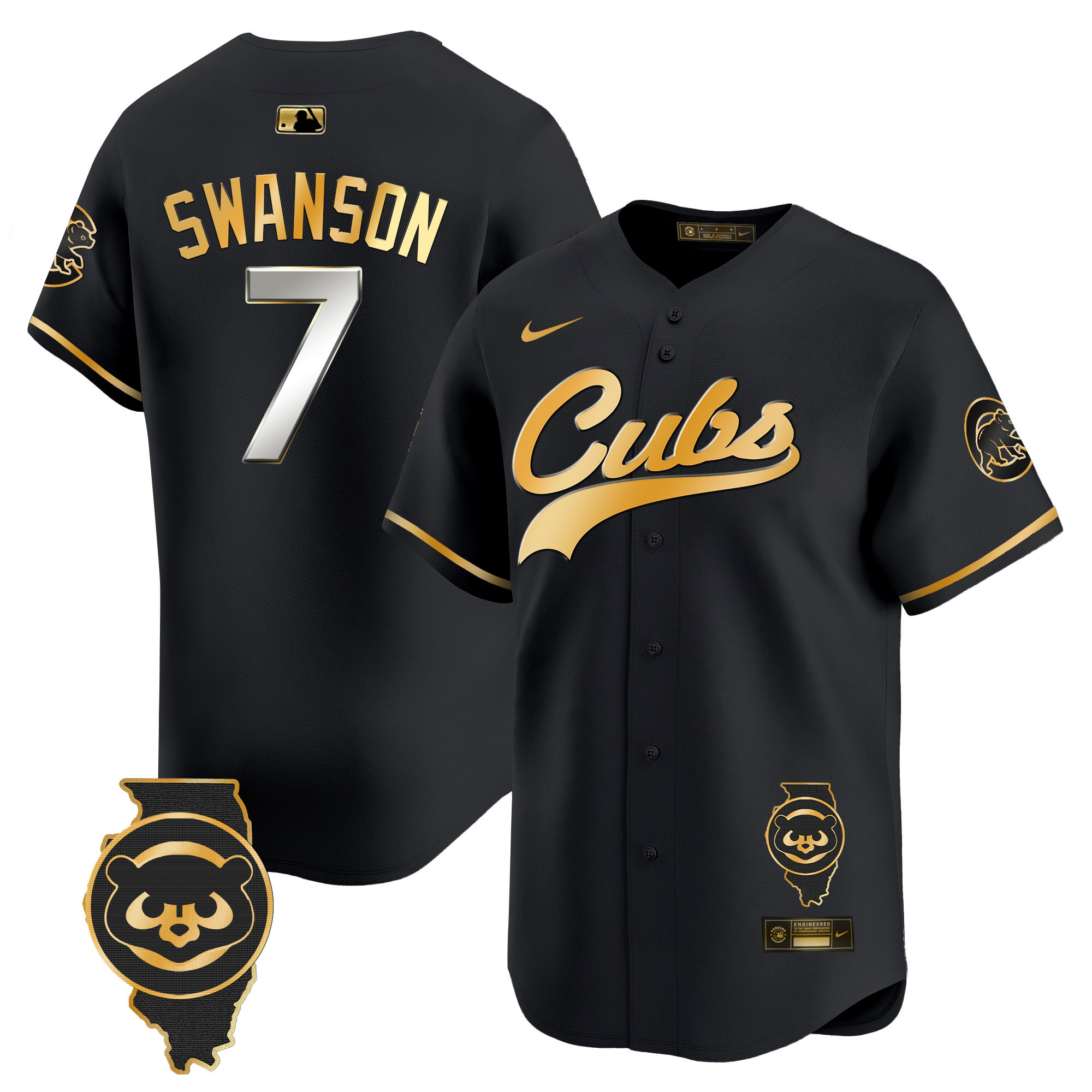 Dansby Swanson Men's Chicago Cubs Illinois Patch Vapor Premier Limited Black Gold Jersey - All Stitched