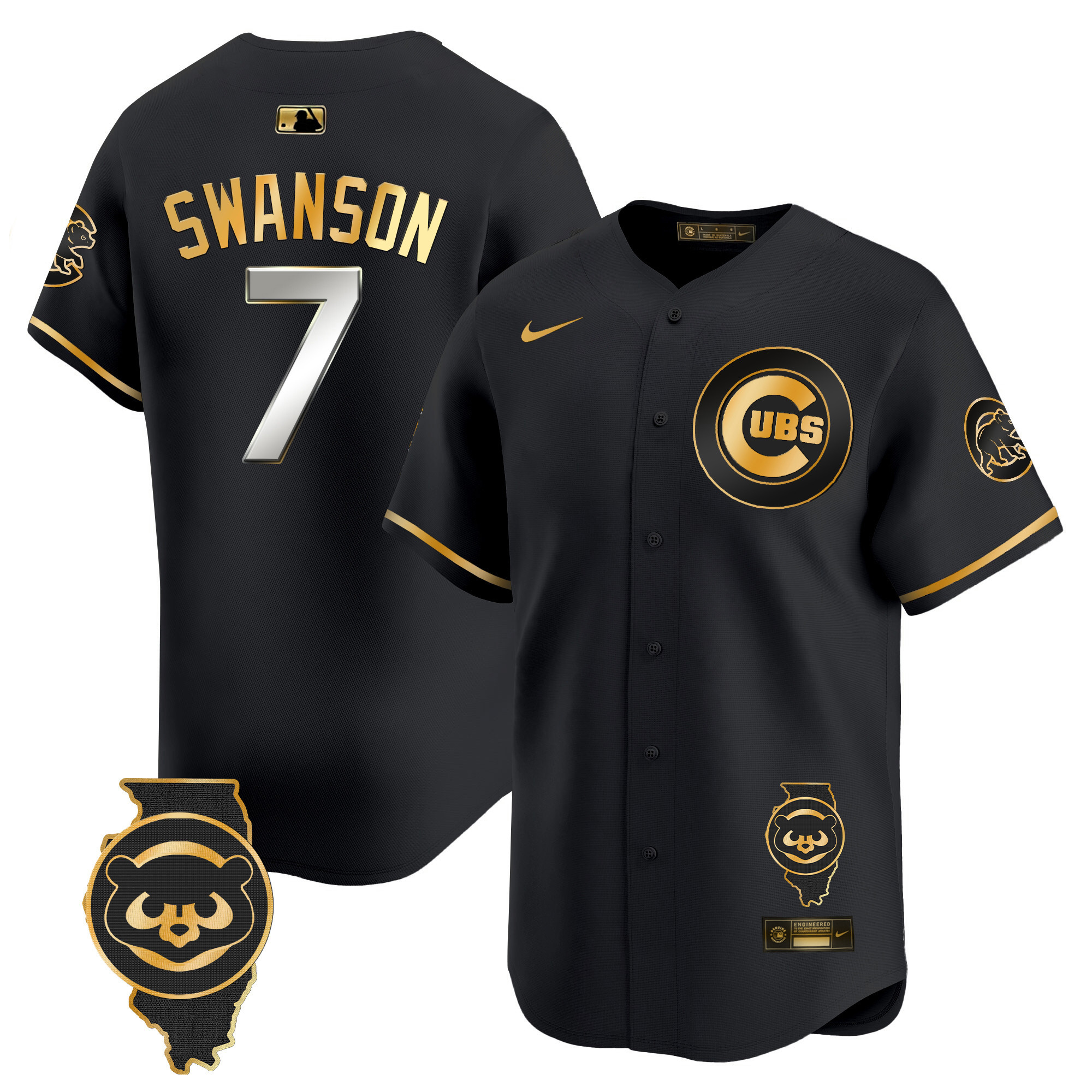 Dansby Swanson Men's Chicago Cubs Illinois Patch Vapor Premier Limited V2 Black Gold Jersey - All Stitched