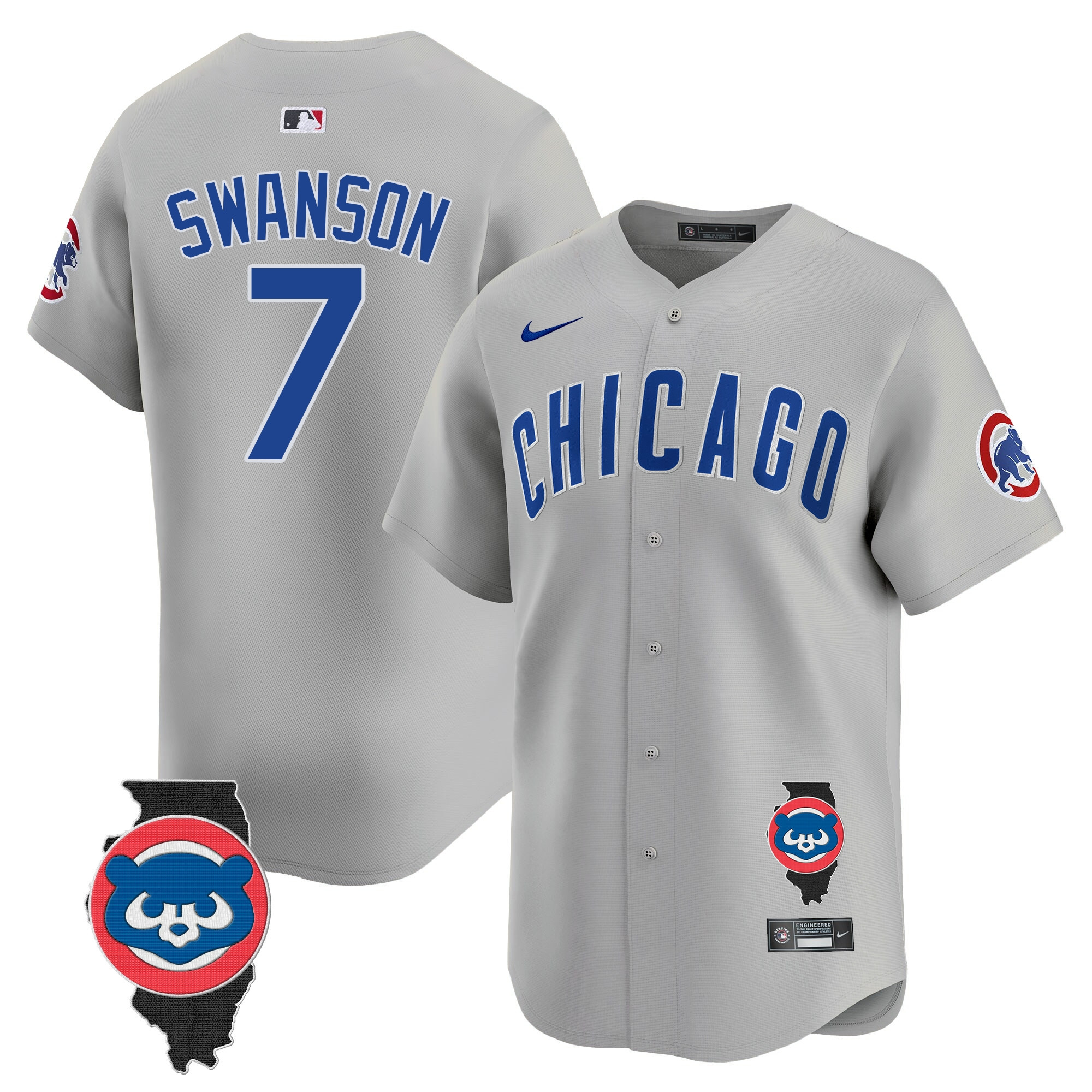 Dansby Swanson Men's Chicago Cubs Illinois Patch Vapor Premier Limited V2 Gray Road Jersey - All Stitched