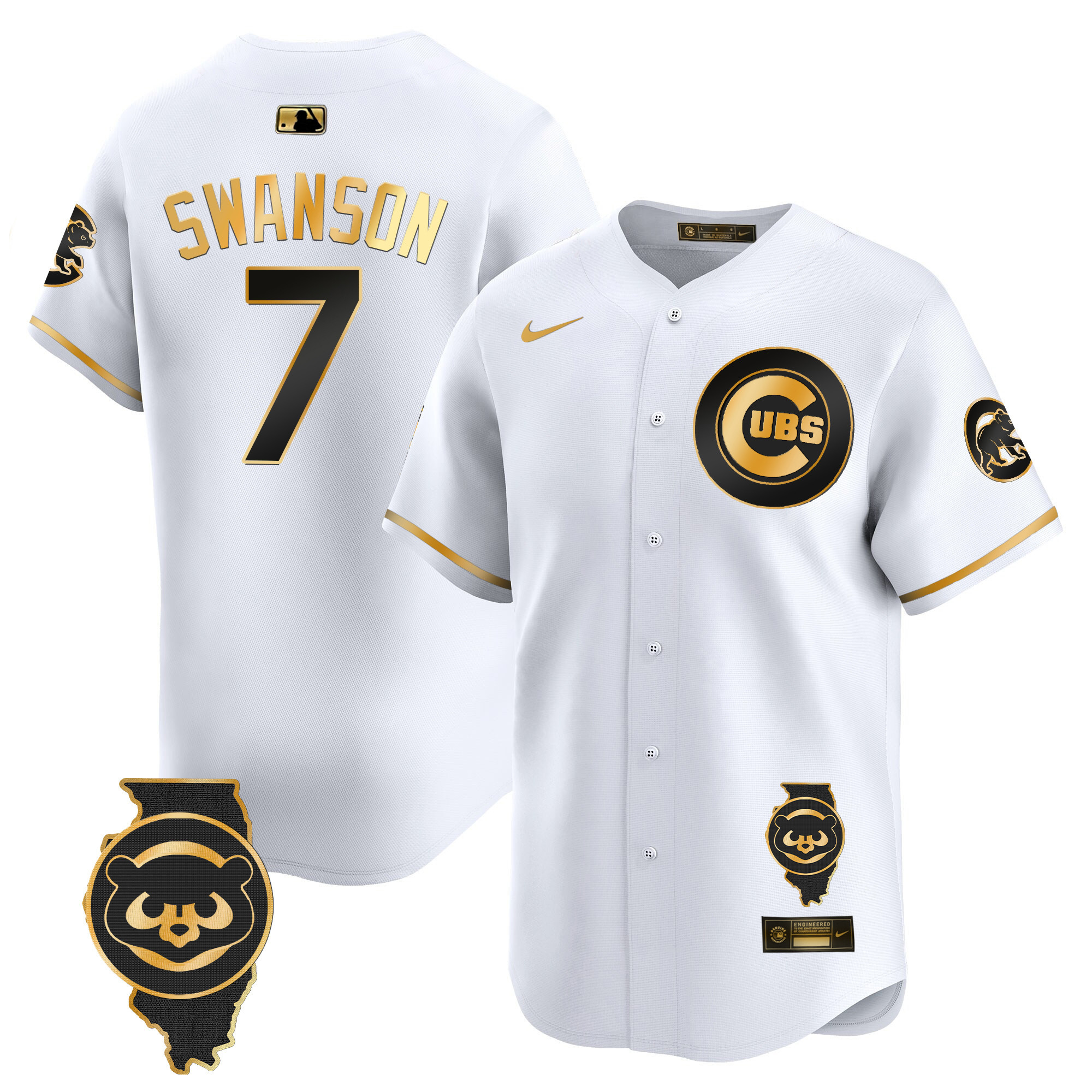 Dansby Swanson Men's Chicago Cubs Illinois Patch Vapor Premier Limited V2 White Gold Jersey - All Stitched