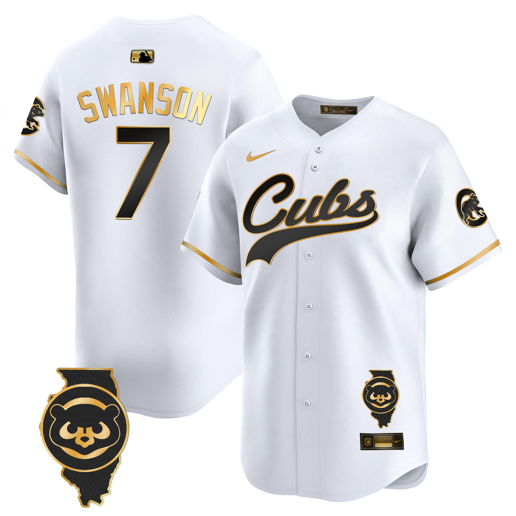 Dansby Swanson Men's Chicago Cubs Illinois Patch Vapor Premier Limited White Gold Jersey - All Stitched