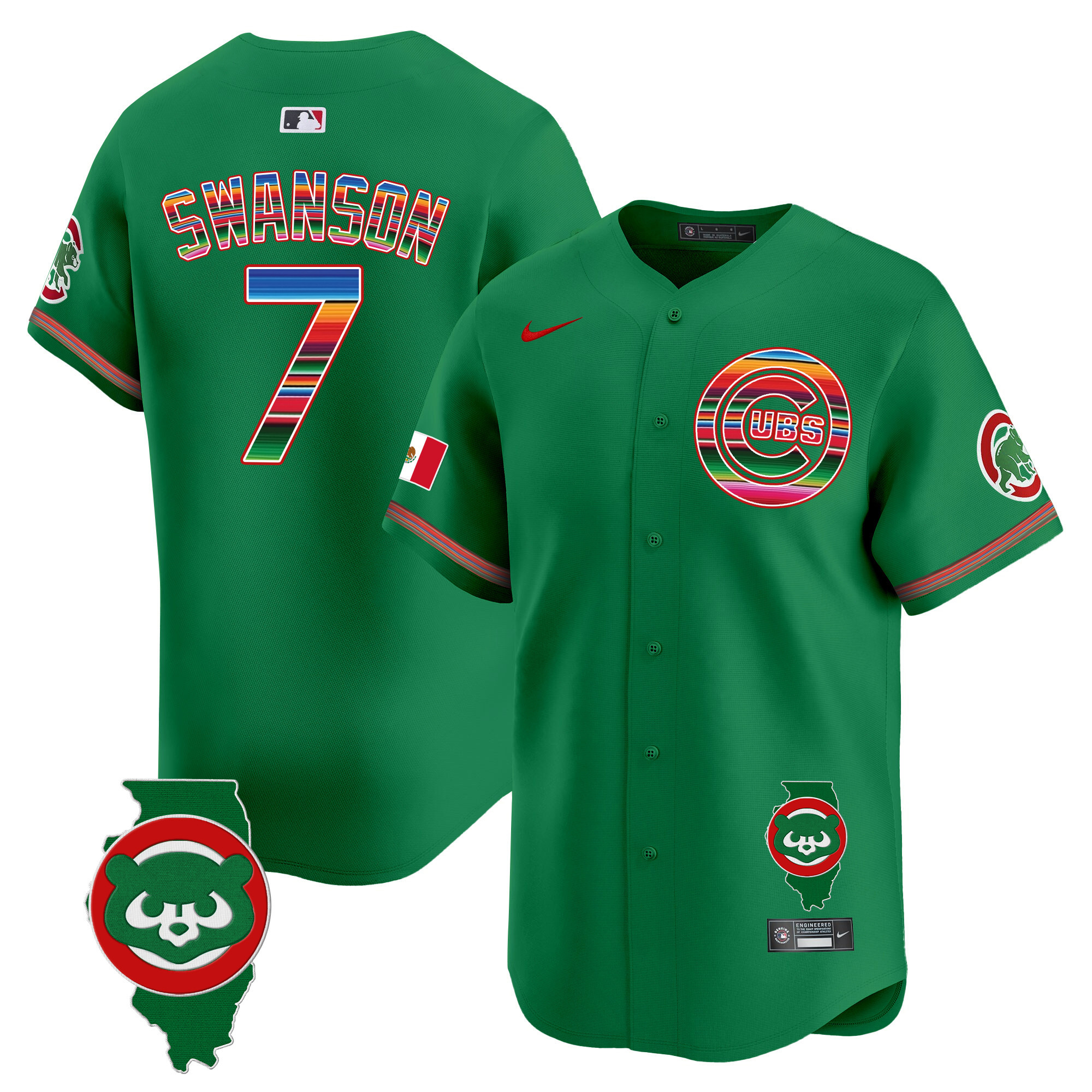 Dansby Swanson Men's Chicago Cubs Mexico Illinois Patch Vapor Premier Limited Green Jersey - All Stitched