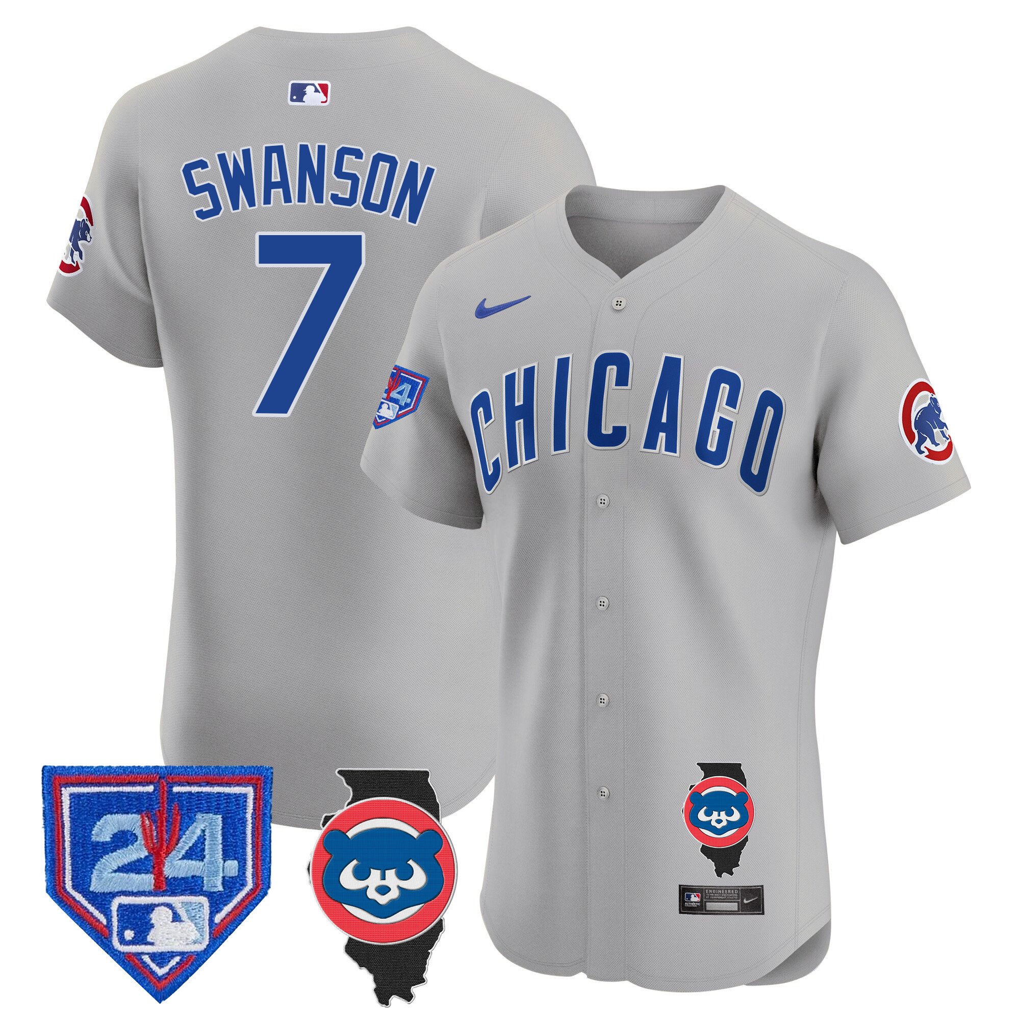 Dansby Swanson Men's Chicago Cubs Spring Training & Illinois Patch Vapor Premier Elite Gray Road Jersey - All Stitched