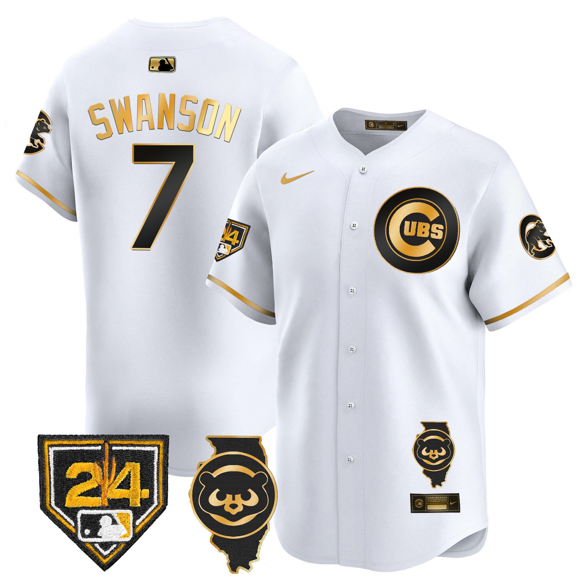 Dansby Swanson Men's Chicago Cubs Spring Training & Illinois Patch Vapor Premier Limited White Gold Jersey - All Stitched