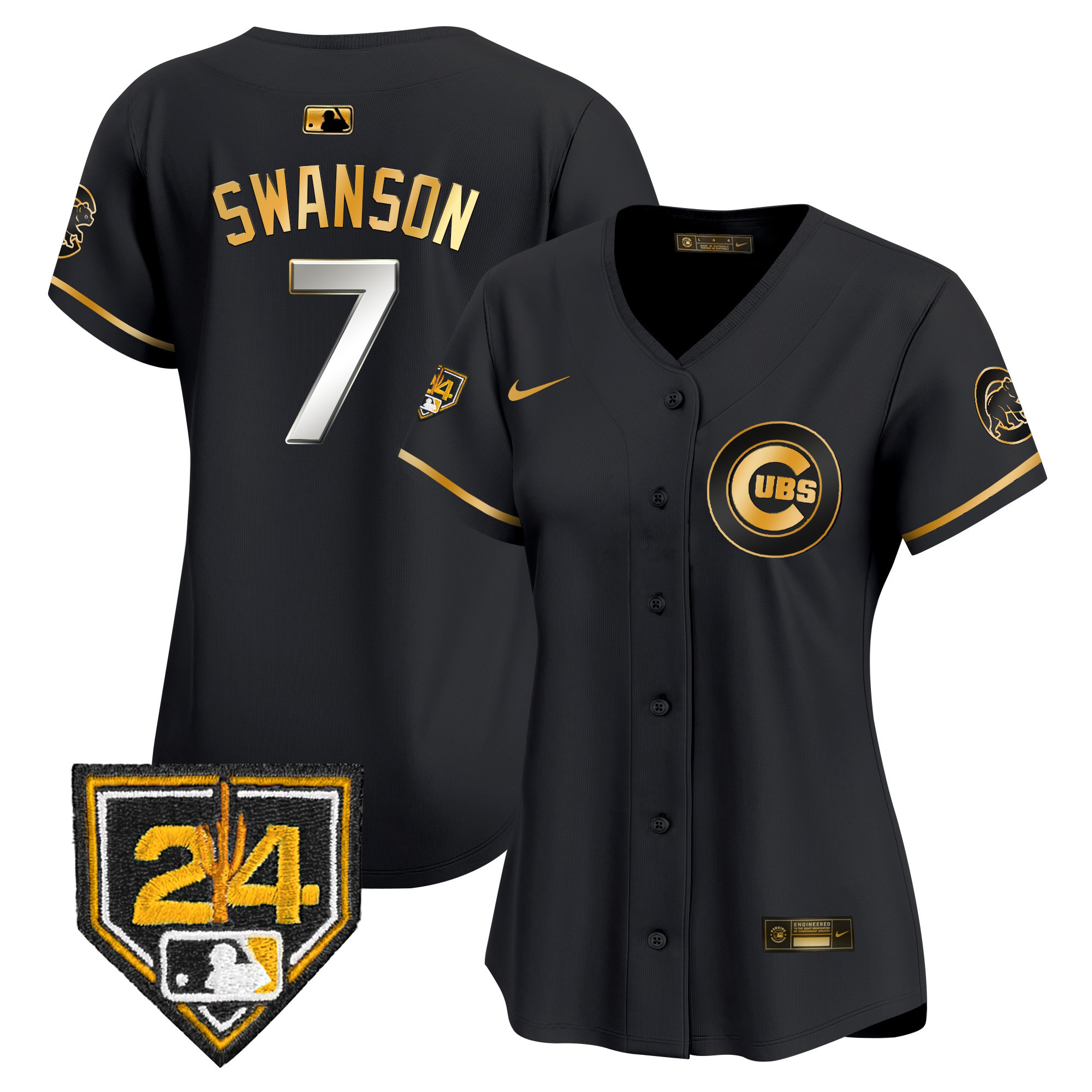 Dansby Swanson Women's Chicago Cubs 2024 Spring Training Patch Vapor Premier Limited V2 Black Gold Jersey - All Stitched