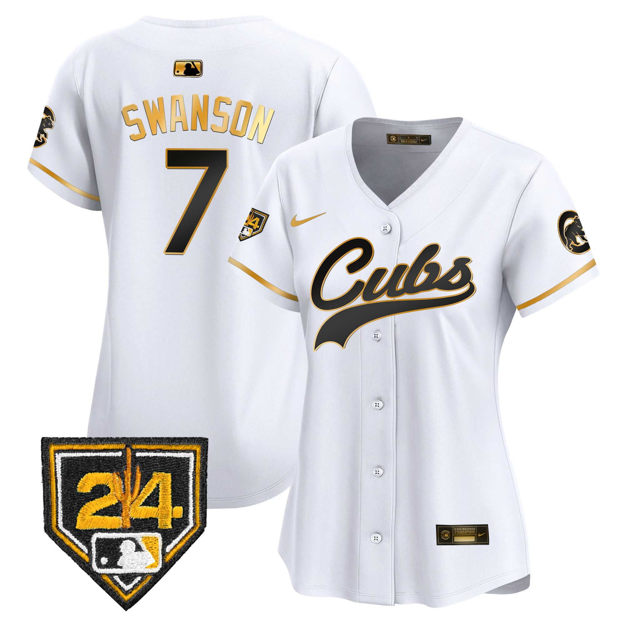 Dansby Swanson Women's Chicago Cubs 2024 Spring Training Patch Vapor Premier Limited White Gold Jersey - All Stitched