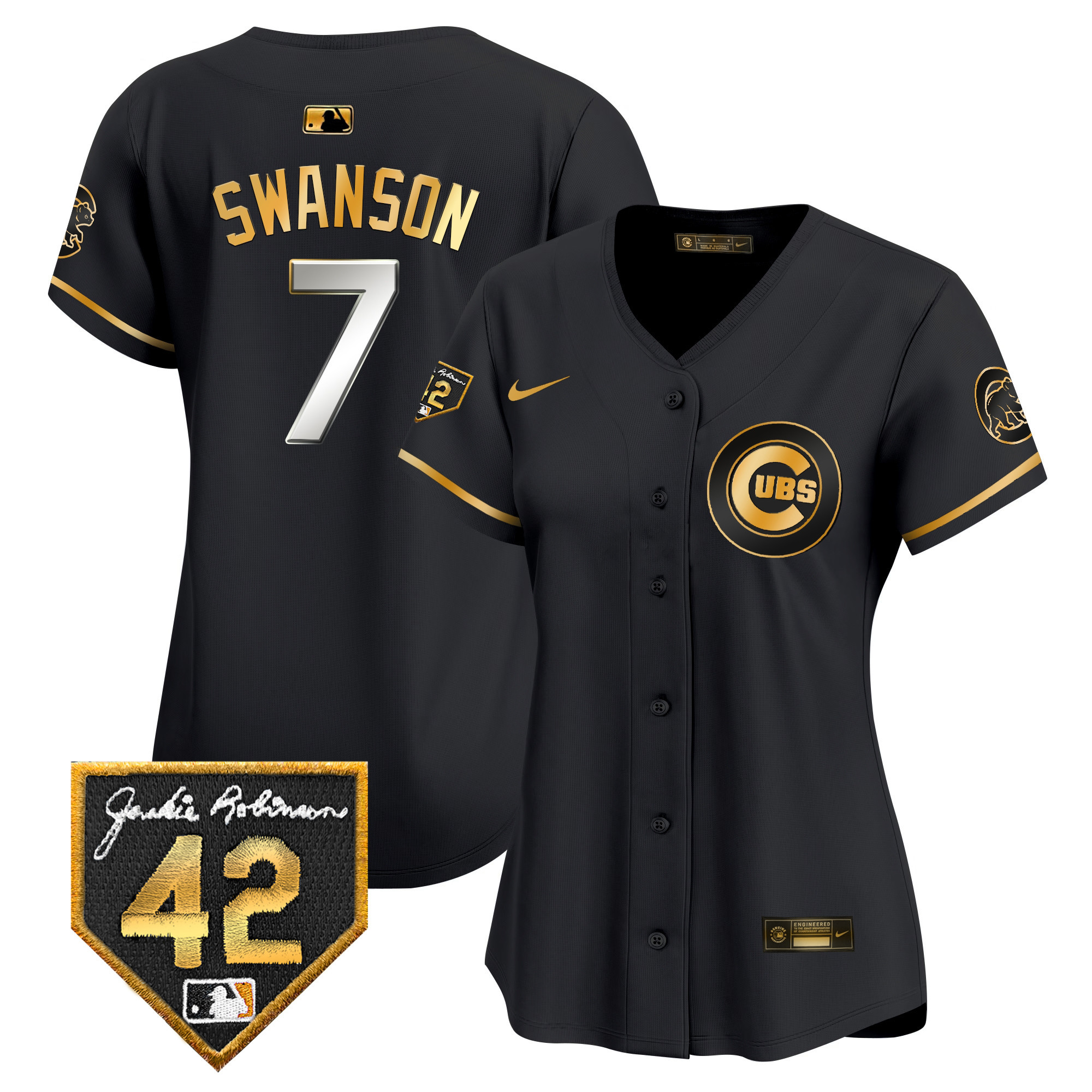 Dansby Swanson Women's Chicago Cubs Jackie Robinson Patch Vapor Premier Limited V2 Black Gold Jersey - All Stitched