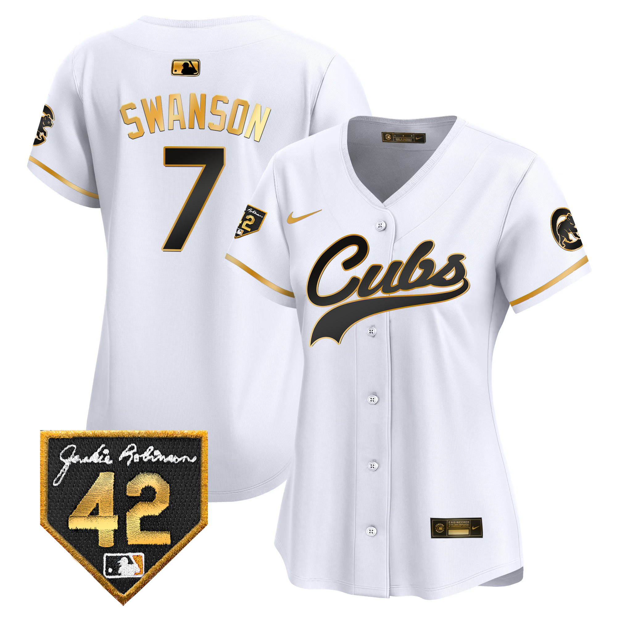 Dansby Swanson Women's Chicago Cubs Jackie Robinson Patch Vapor Premier Limited White Gold Jersey - All Stitched