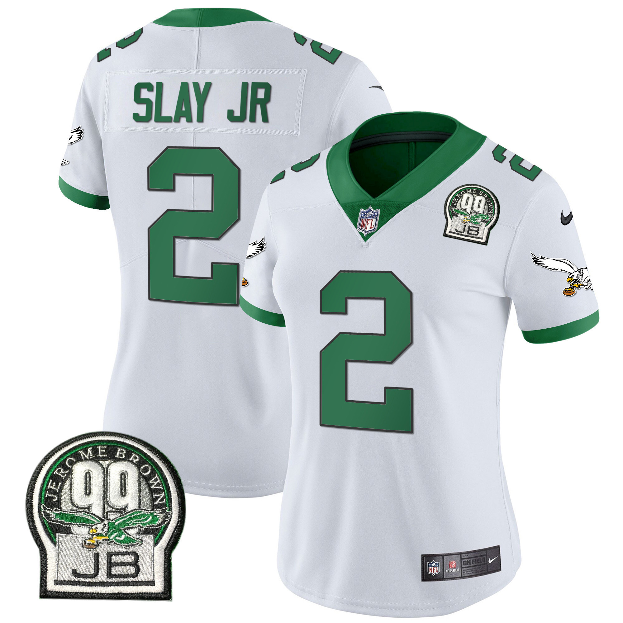 Darius Slay Jr. Women's Philadelphia Eagles Jerome Brown Retired Patch Gold & Kelly Kelly White Jersey - All Stitched