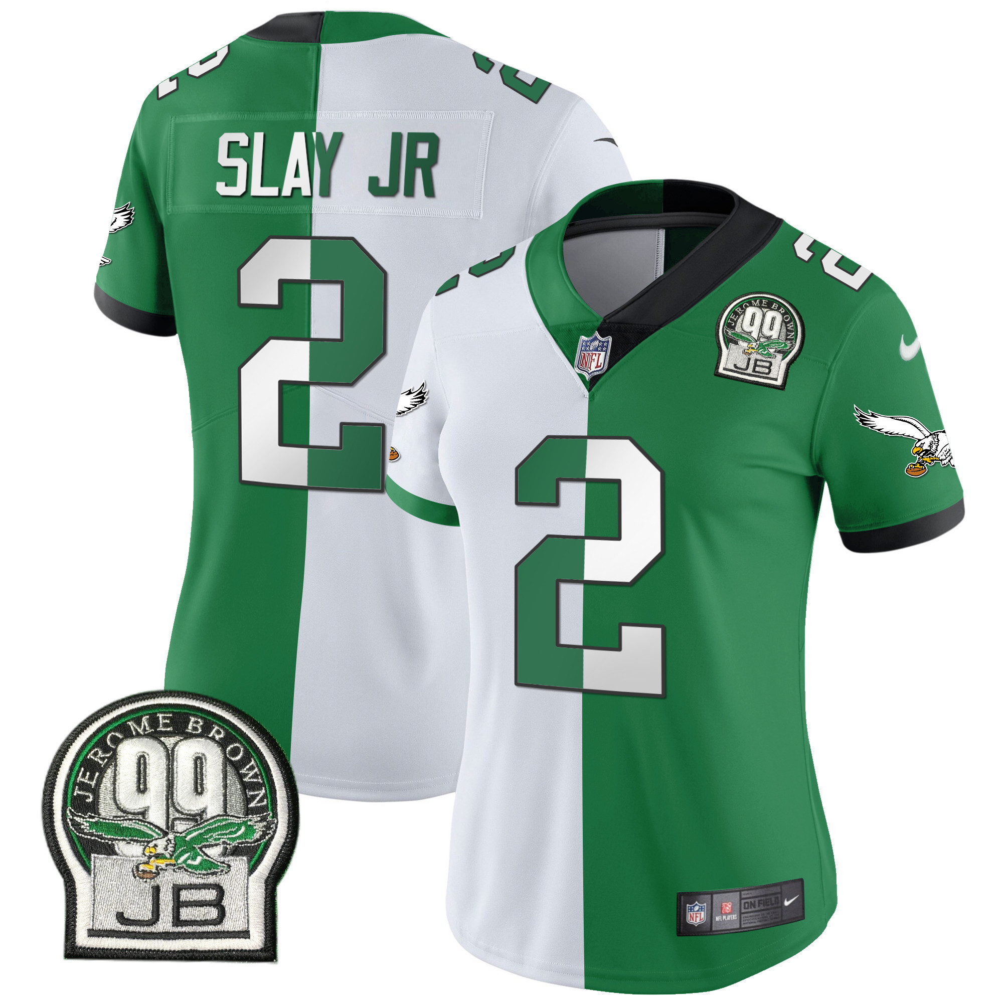 Darius Slay Jr. Women's Philadelphia Eagles Jerome Brown Retired Patch Gold & Kelly Split Jersey - All Stitched