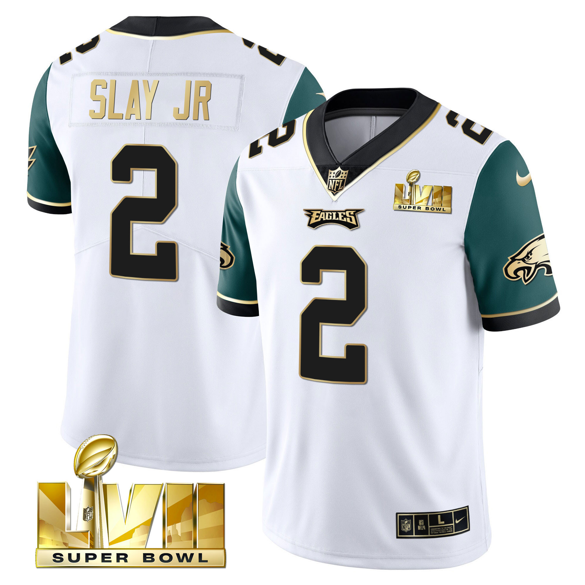 Darius Slay Jr. Youth's Philadelphia Eagles Super Bowl Vapor Gold Midnight Green Sleeves Jersey - All Stitched