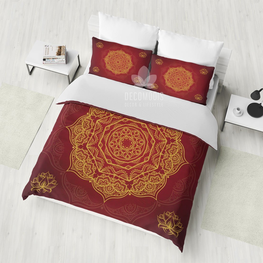 Dark Red & Gold Mandala , Boho , Dark Red & Gold , Boho Hindu Mandala Art Duvet Cover Bedding Set