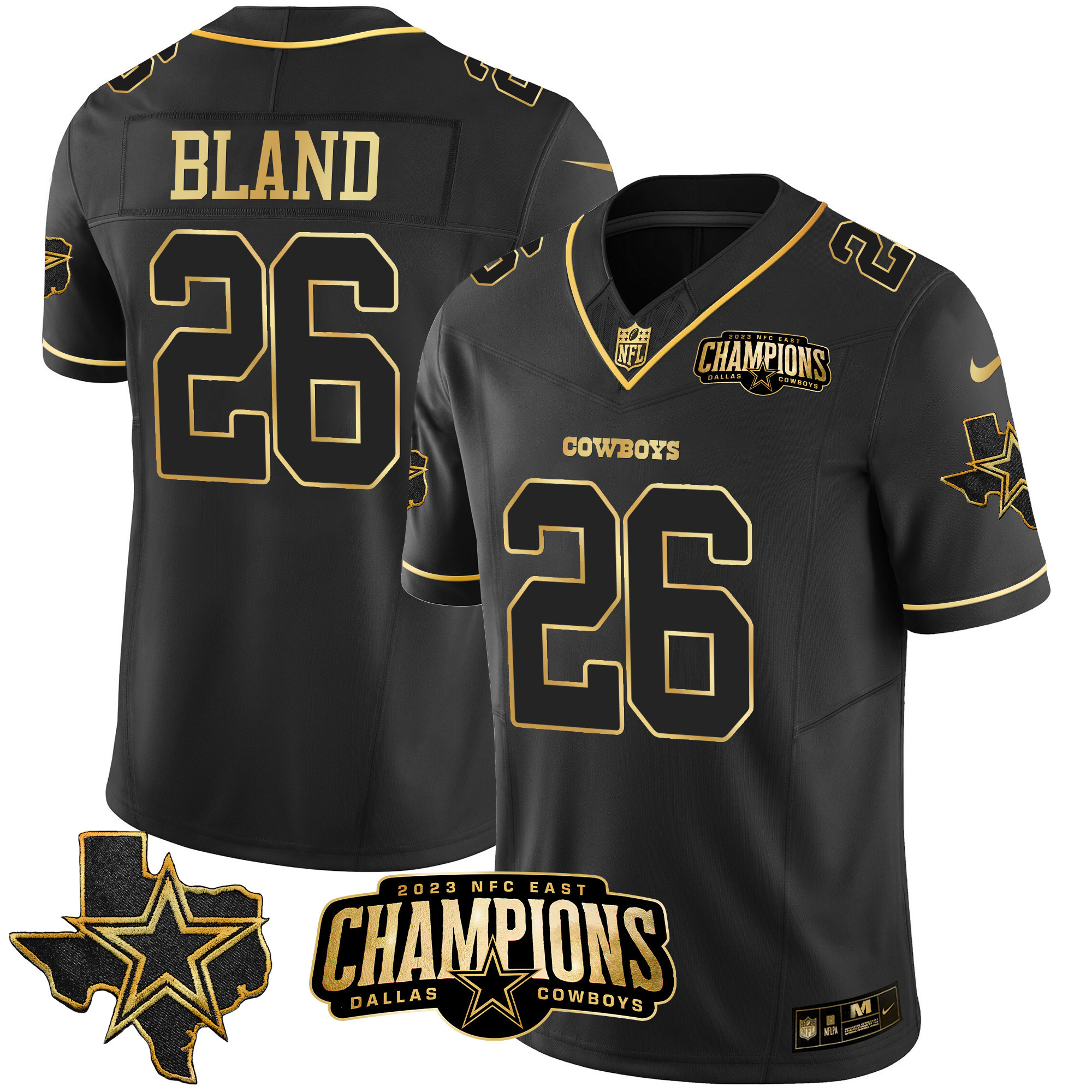 DaRon Bland Men's Dallas Cowboys 2023 NFC East Champions Patch Gold Vapor Black Gold Jersey - All Stitched 