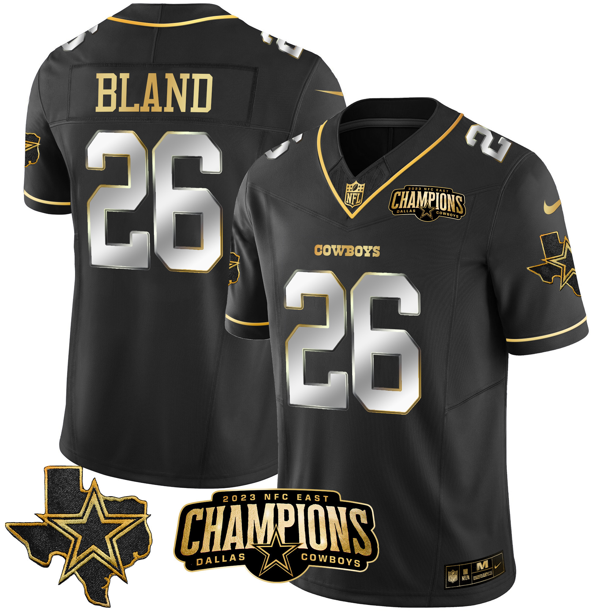 DaRon Bland Men's Dallas Cowboys 2023 NFC East Champions Patch Gold Vapor Black Limited Jersey - All Stitched 