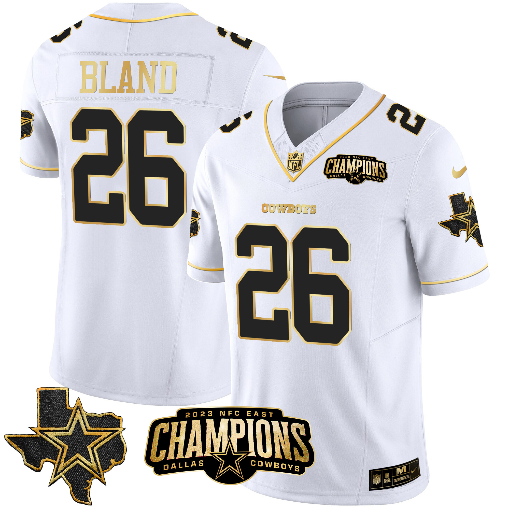 DaRon Bland Men's Dallas Cowboys 2023 NFC East Champions Patch Gold Vapor White Gold Jersey - All Stitched 