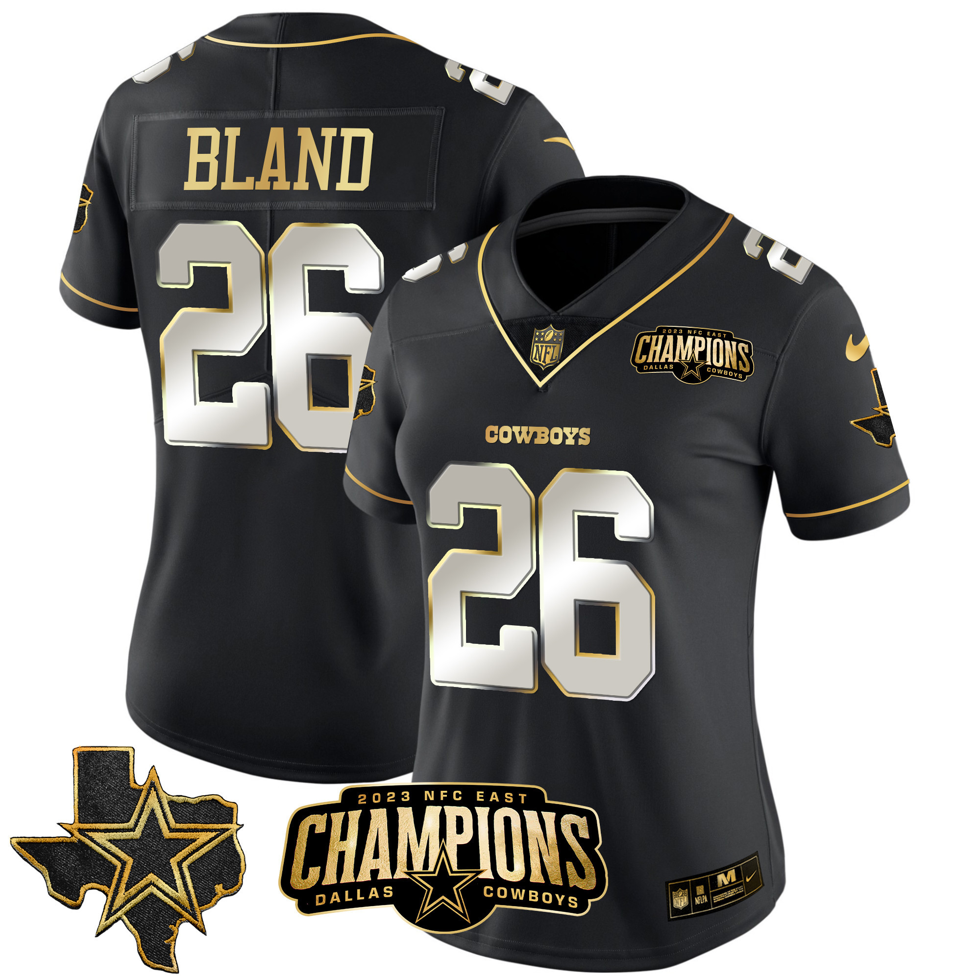 DaRon Bland Women's Dallas Cowboys 2023 NFC East Champions Patch Gold Vapor Black Limited Jersey - All Stitched 