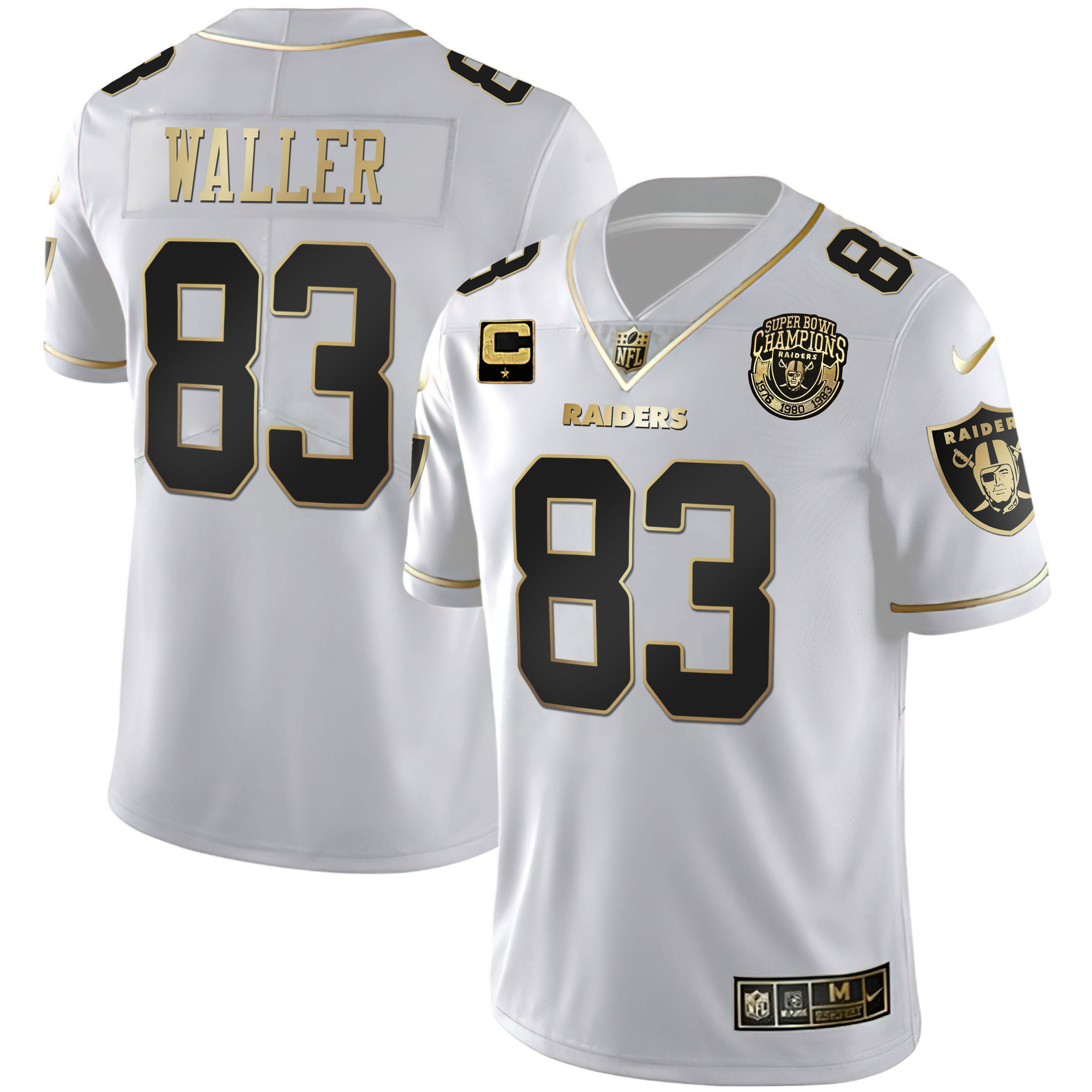 Darren Waller Men's Las Vegas Raiders 1976 - 1980 - 1983 Super Bowl Champions Patch White Gold and Black Gold White Gold Jersey - All Stitched 