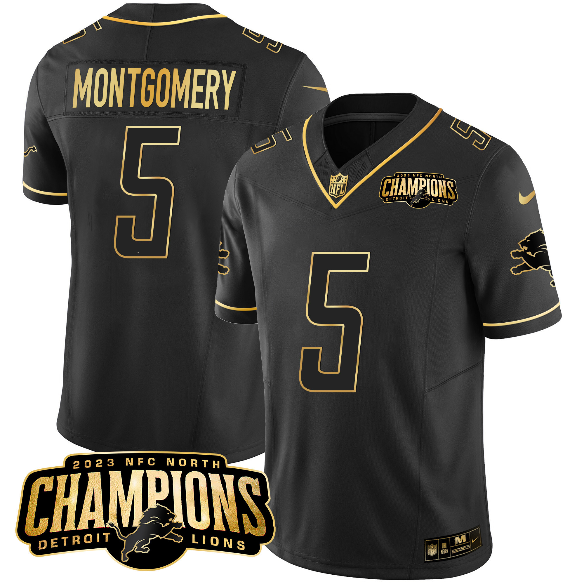 David Montgomery Men's Detroit Lions 2023 NFC North Champions Patch Gold Vapor Black Gold Jersey - All Stitched 