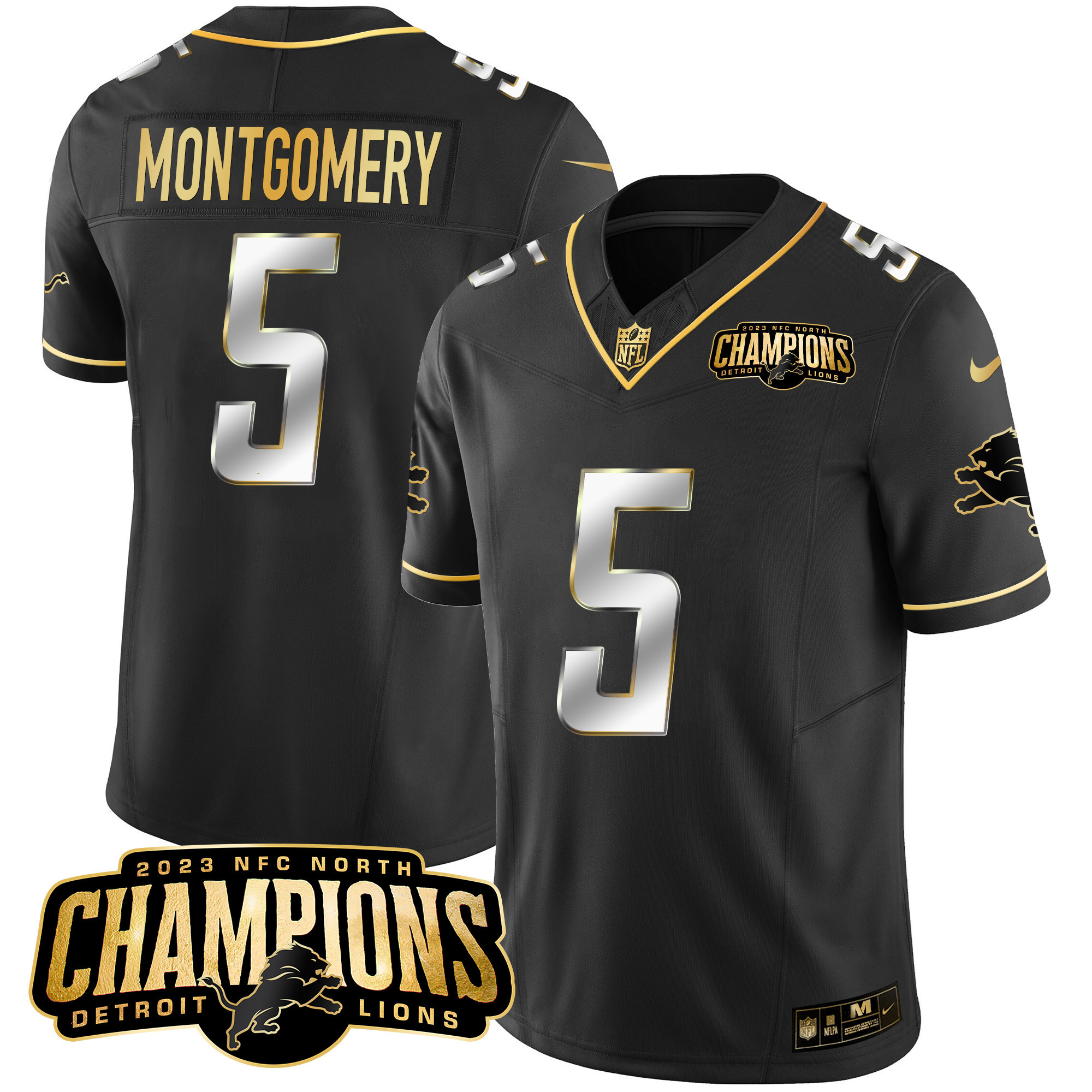 David Montgomery Men's Detroit Lions 2023 NFC North Champions Patch Gold Vapor Black Limited Jersey - All Stitched 