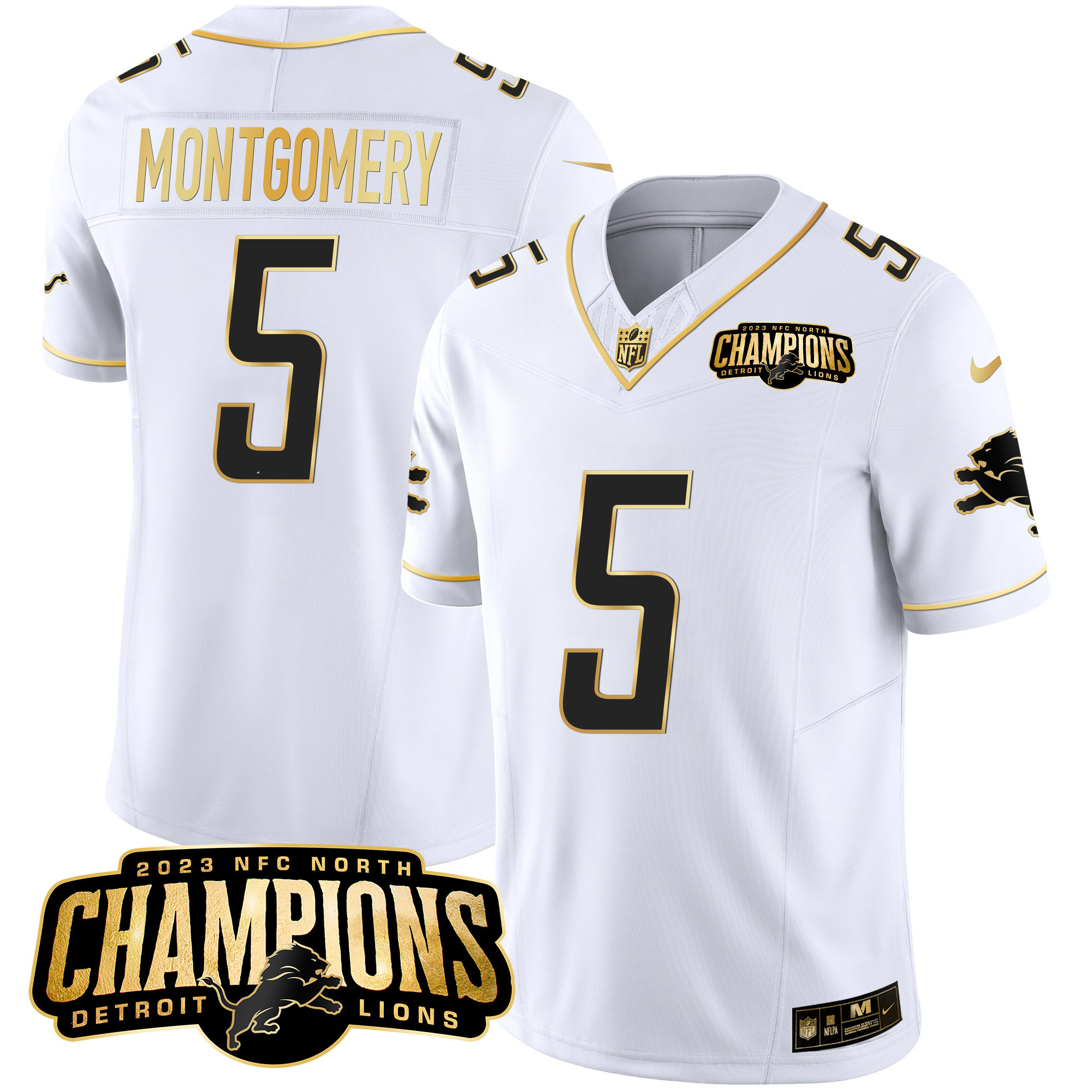 David Montgomery Men's Detroit Lions 2023 NFC North Champions Patch Gold Vapor White Gold Jersey - All Stitched 