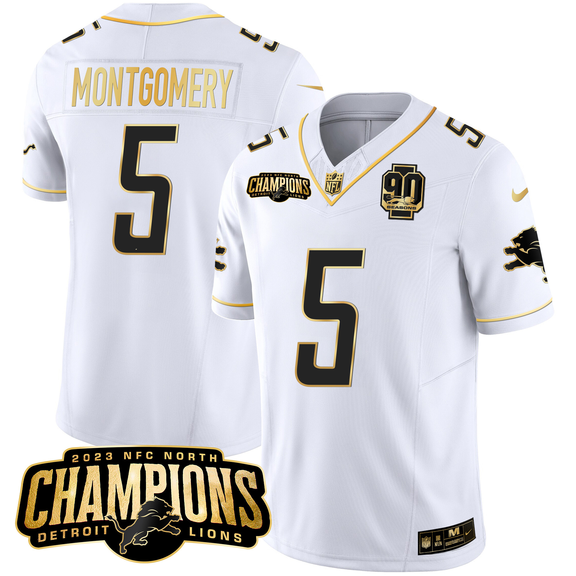 David Montgomery Men's Detroit Lions 2023 NFC North Champions Patch Gold Vapor White Gold Jersey - All Stitched 