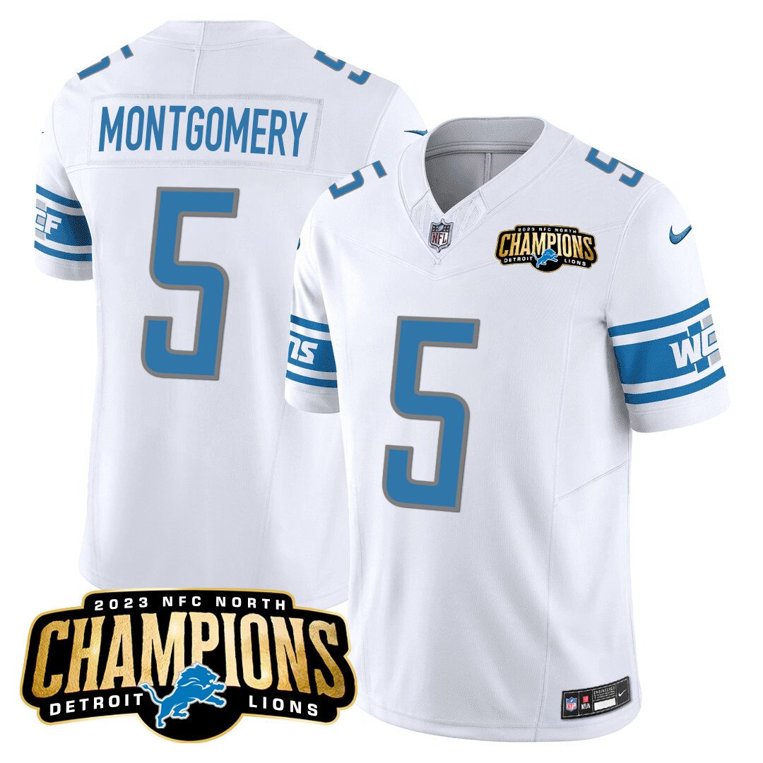 David Montgomery Men's Detroit Lions 2023 NFC North Champions Patch Vapor White Jersey - All Stitched 