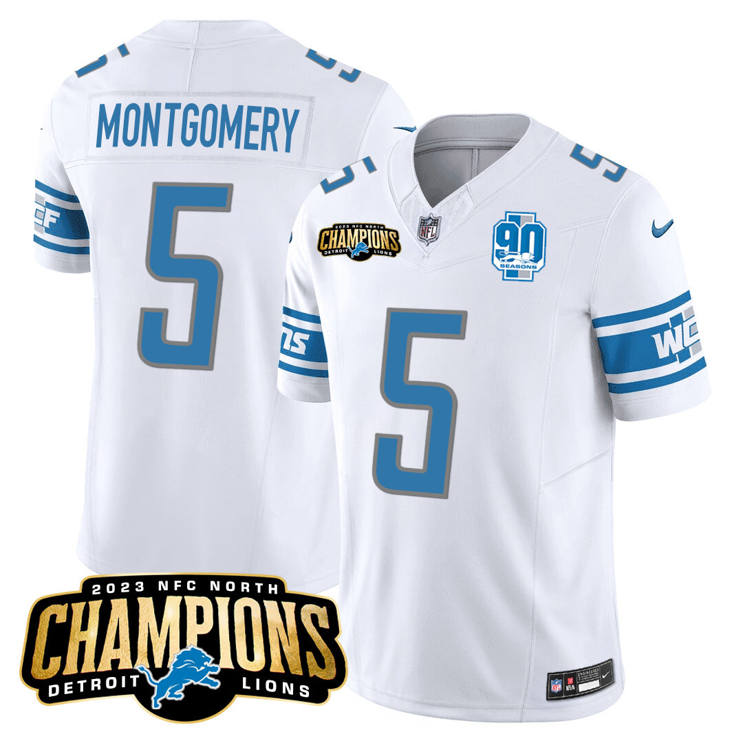 David Montgomery Men's Detroit Lions 2023 NFC North Champions Patch Vapor White Jersey - All Stitched 