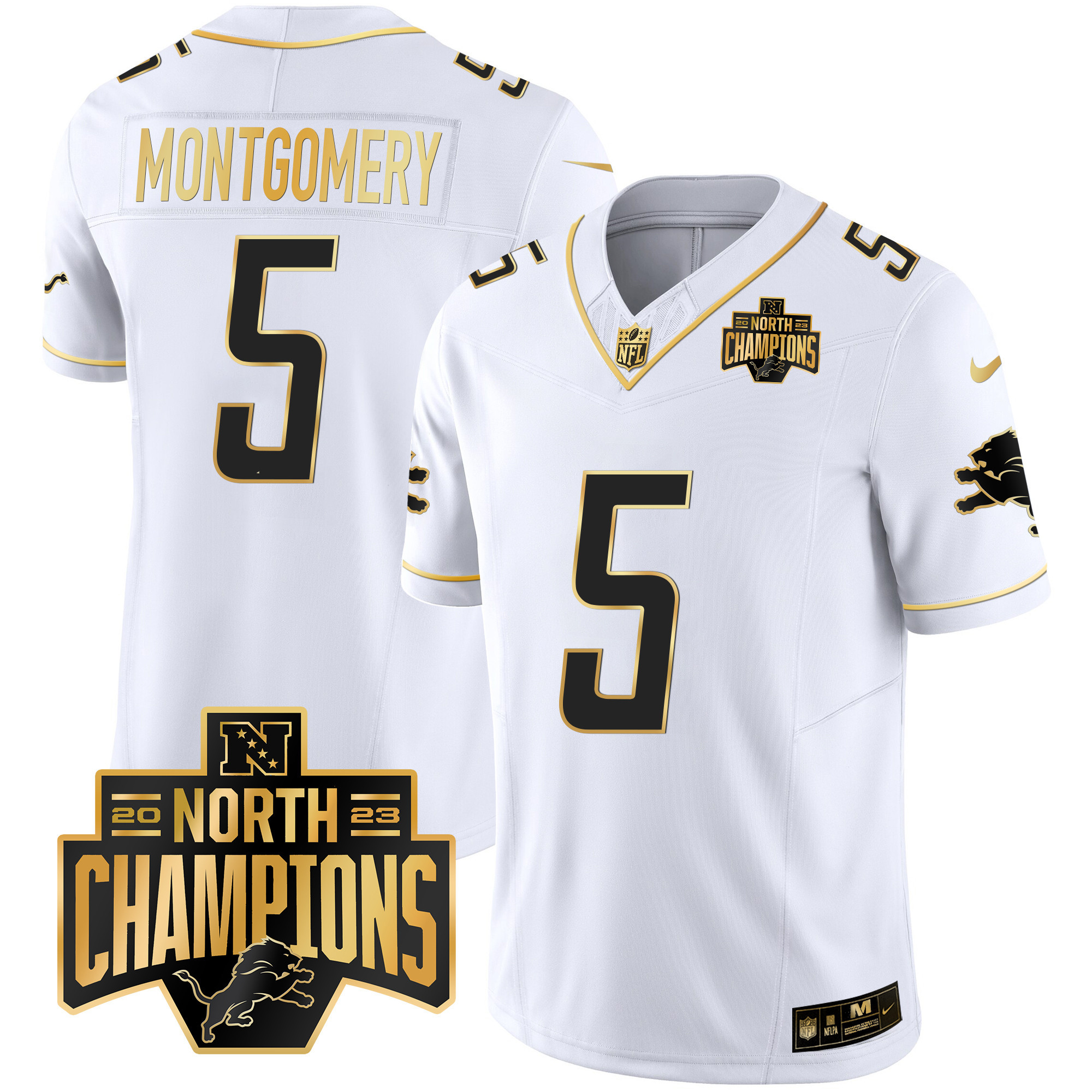David Montgomery Men's Detroit Lions 2023 NFC North Division Champions Patch Vapor Gold White Gold Jersey - All Stitched 